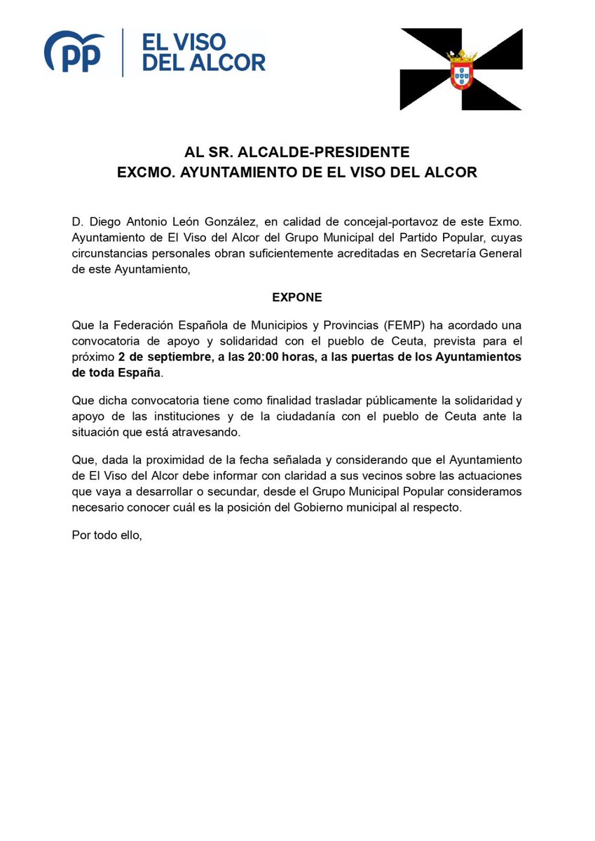 PP_VisodelAlcor's tweet photo. 🇪🇸 CEUTA SE DEFIENDE

Hemos pedido al Alcalde que apoye y convoque oficialmente la concentración en solidaridad con el pueblo de Ceuta, prevista para el próximo 2 de septiembre a las 20:00 horas a las puertas de los Ayuntamientos, y propuesta desde la FEMP. https://t.co/PcOEwNUvA0