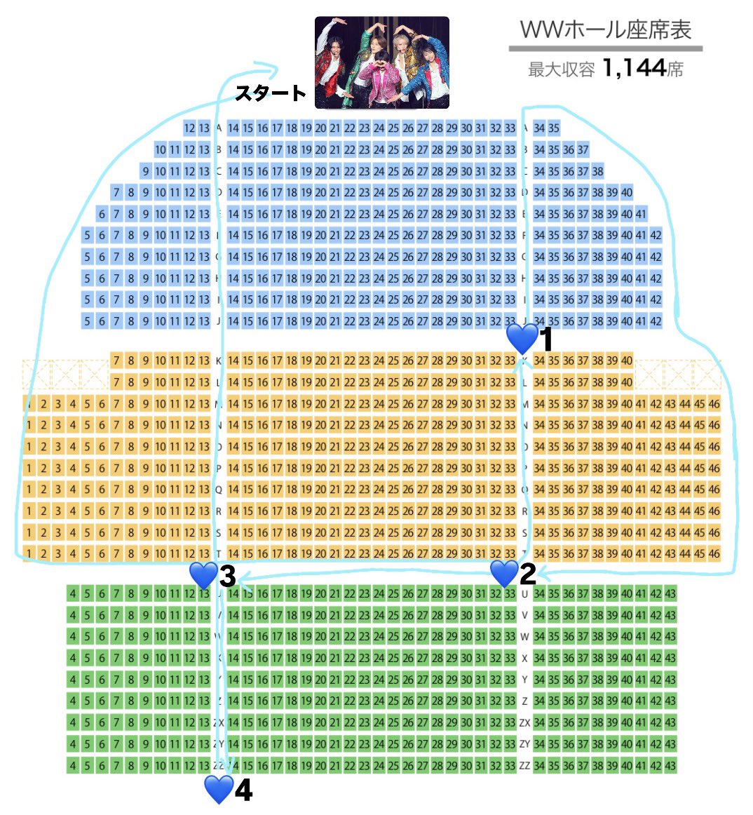 24takuholic's tweet photo. 🗒アメロマ ＷＷホール 拓哉くん 動線
💙：お立ち台とか立ち止まってた位置

雑&amp;位置の詳細までわかってないので大体やとと思ってください🥲変わっちゃったりするかもやから参考程度でお願いしまする🥲 https://t.co/dutwt8jg8P