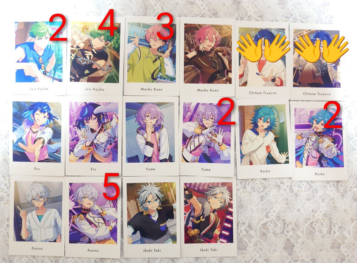 suwhk's tweet photo. 【交換】あんスタ ぱしゃ ぱしゃっつ debut 

譲︰ ジュイス、舞珠、エス、ユメ、ライカ、カンナ、滝

求︰望見

※右上の数字は所持している枚数になります。

郵送での交換希望です。
よろしくお願いいたします。 https://t.co/aXiGx7ZTJy