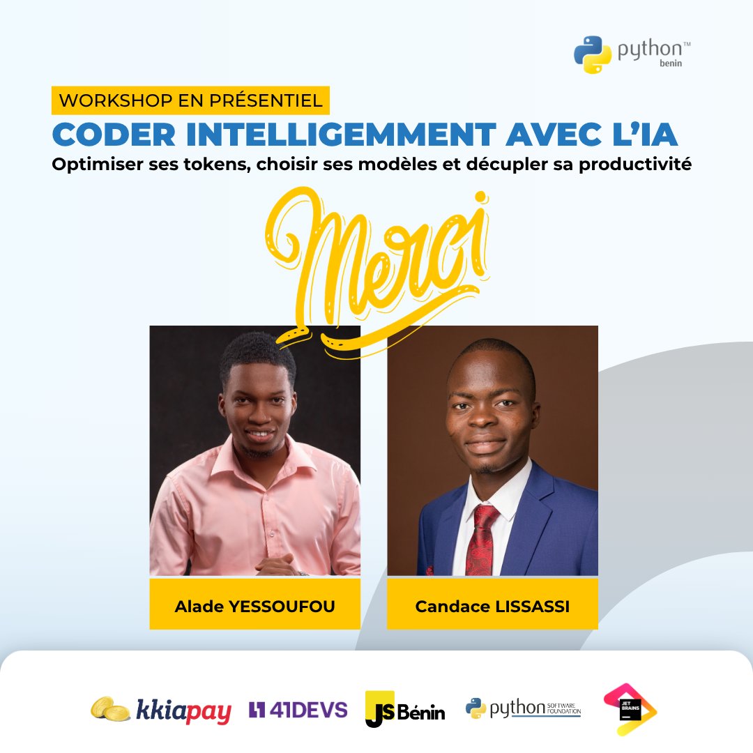 PythonBenin's tweet photo. Un immense merci à nos super speakers pour leur partage d'expérience et leurs précieux conseils lors de notre dernier workshop !

Leurs workflows en direct et astuces d'optimisation ont su inspirer toute la communauté. 🚀💻

#PythonBenin #TechCommunity #CodingWithAI https://t.co/wBbvJFR6s3