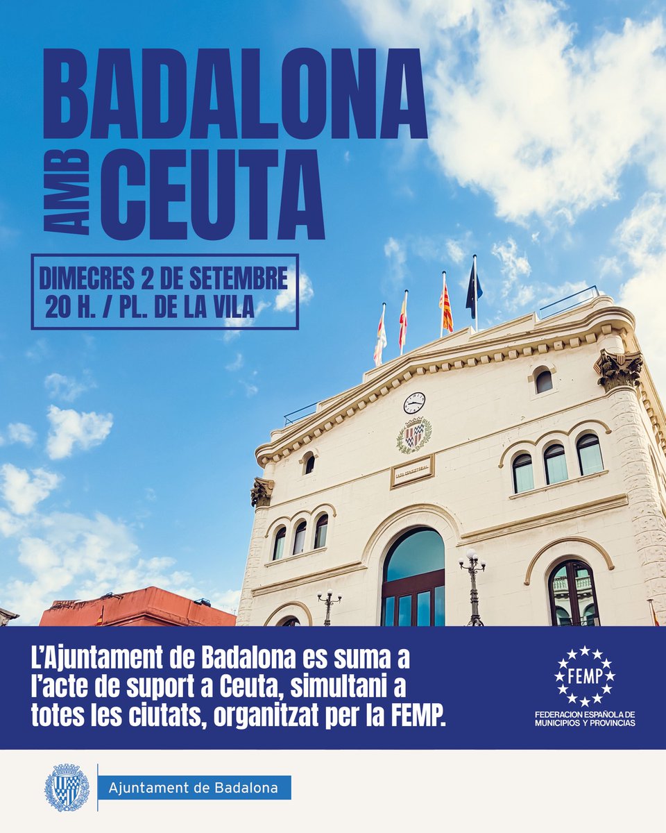 Albiol_XG's tweet photo. #Badalona amb Ceuta! 🙌

Us espero a tots el pròxim 2 de setembre, a les 20h, a la plaça de la Vila, a la concentració convocada per la @fempcomunica amb motiu del Dia de Ceuta, que se celebrarà de manera simultània a totes les ciutats.

Tot el nostre suport i solidaritat amb Ceuta i el poble ceutí! 💪💪