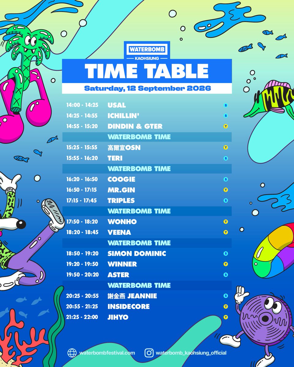 Waterbomb_KHH's tweet photo. 📣 WATERBOMB KAOHSIUNG 完整卡司時程表正式公開！⏰

大家敲碗等待的演出時間終於揭曉！🙌
最期待的卡司當然一個都不能錯過，現在就鎖定演出時間，掌握每個精彩登場時刻！🌟

📝 記得先將時程表存起來，排好兩天專屬於你的滿分 WATERBOMB 行程！🎶🪩 https://t.co/vl8upVYley