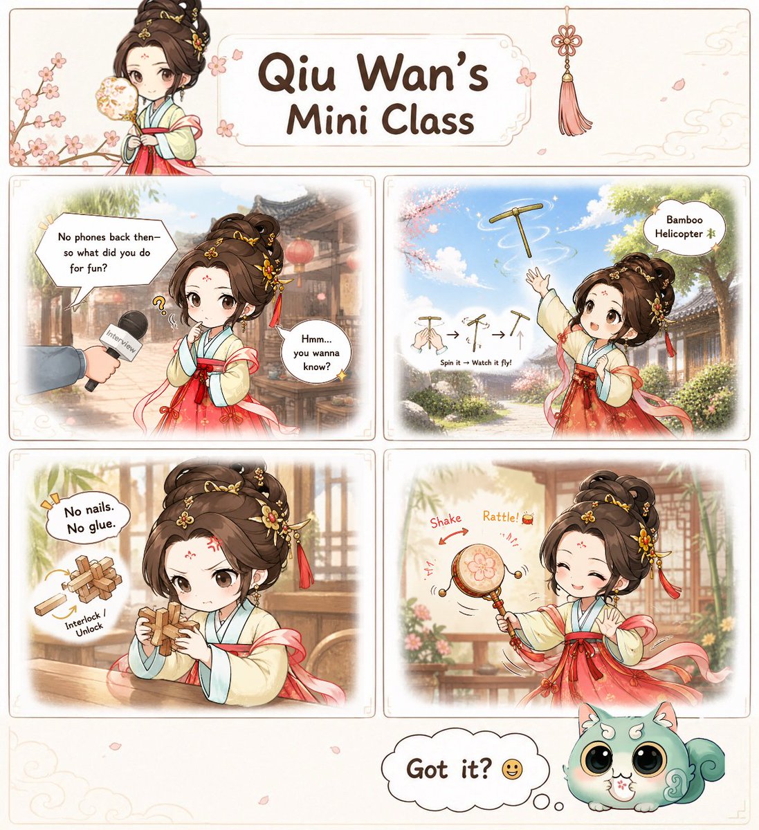 Mergeteaho_en's tweet photo. No phones, no tablets… so what did Qiu Wan do for fun back then? 👀
✨Bamboo helicopters, puzzle locks, rattle drums...
Which one would you try?
#mergeteahouse #CozyGame #Qiuwan #fypシ゚ https://t.co/Ma40dzvmIe