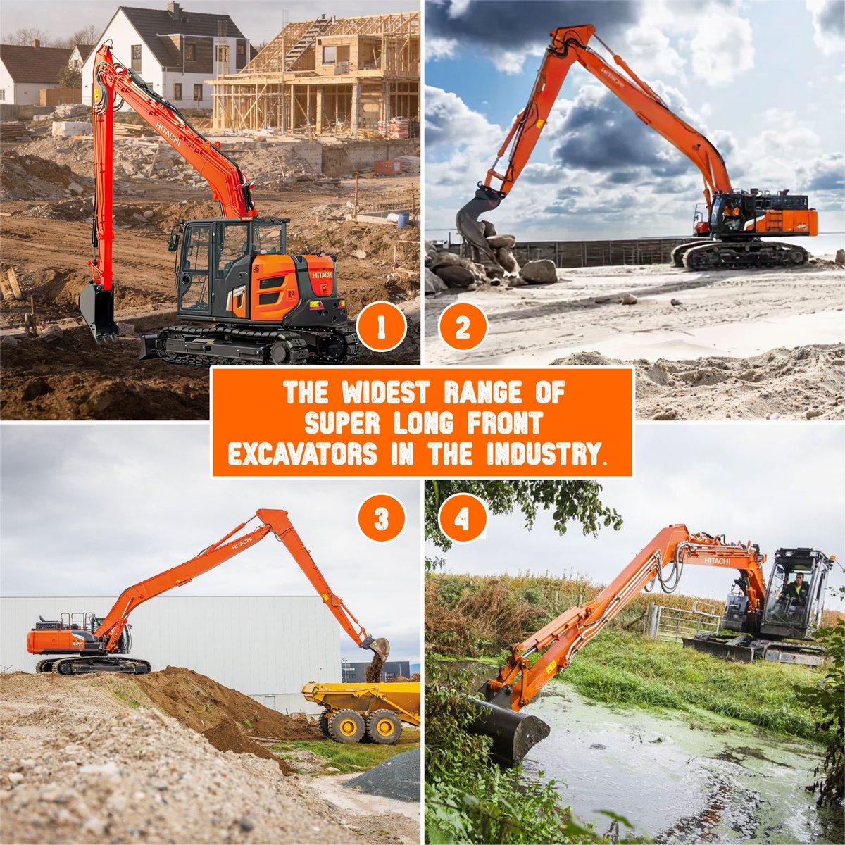 HitachiCME's tweet photo. Did you know Hitachi has the widest range of super long front excavators in the industry – from eight to 50 tonnes, and from 10 to 22 m reach?

Which one is the newest addition – the ZX95US-7 SLF?

#TheReliableOrange https://t.co/AspWMbgx0W