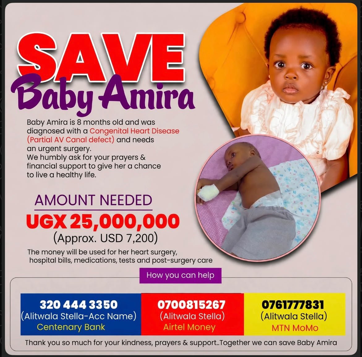 DaddyEventsUG's tweet photo. Hello my X family 
 I'm here on a call of help towards a 9months baby who needs a HEART SURGERY. We started this campaign way back in June and we've so far collected 50% of needed money . I call upon everyone who is in position to contribute and SAVE BABY AMIRAH . https://t.co/7zidwxLsEc