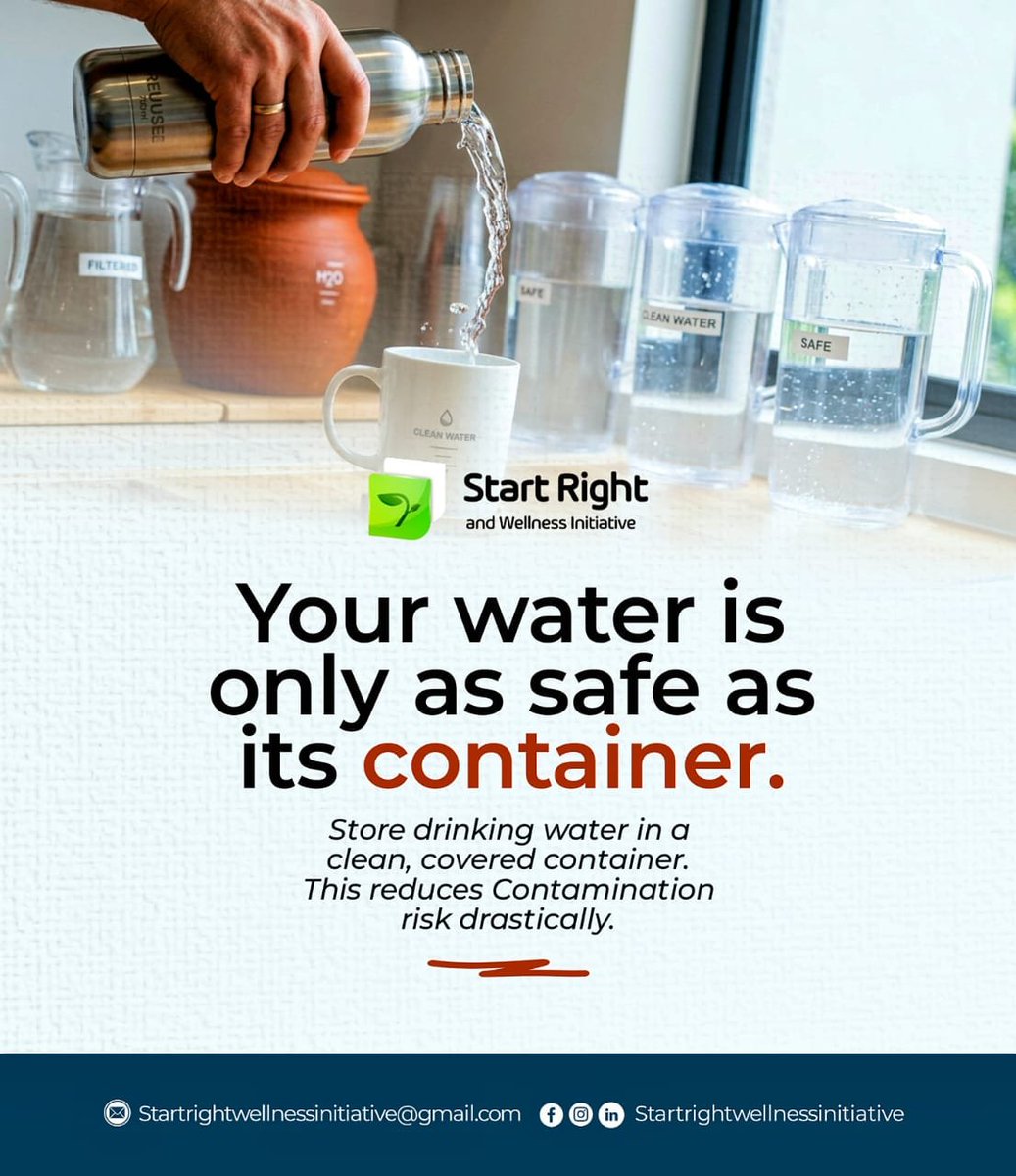 SRWInitiative's tweet photo. “Your water is only as safe as its container.” 💧

💦Clean water can become contaminated when stored in dirty or unsafe containers. 

💧Always use clean, covered, food-grade containers to store drinking water.

🍃Wash and rinse containers regularly, keep them covered, https://t.co/lNc8Dn7Ozn