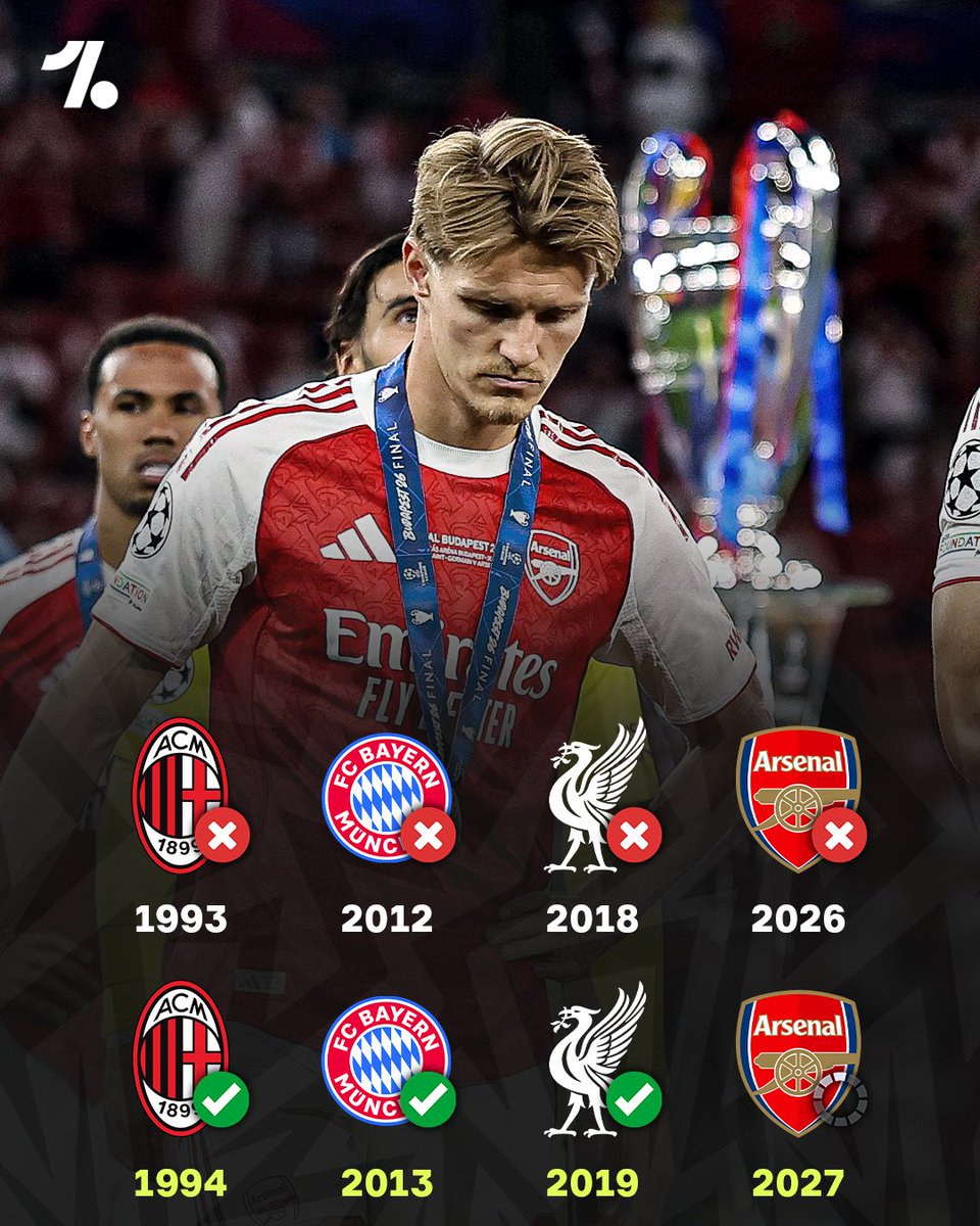 OneFootball's tweet photo. Arsenal are looking to become just the fourth team to lose the Champions League final and win the competition in the next season 👀🏆

Can they take the leap this❓🧐 https://t.co/eCjl7uQGMw
