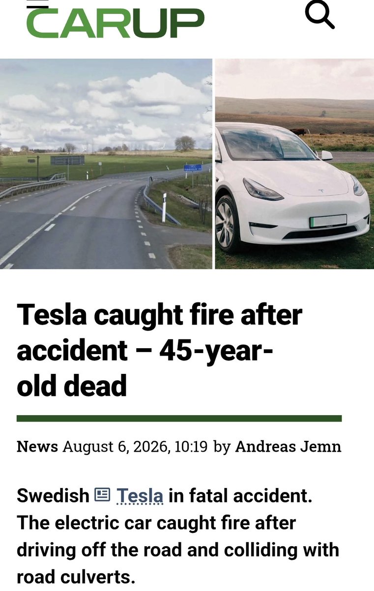 AlexanderKr's tweet photo. I posted about this tragic accident in Sweden 🇸🇪 a couple of weeks ago. 

A long story short, this guy was driving way to fast in a curve. 

But here comes the kicker. All traffic accidents with deadly outcome in Sweden - gets investigated by the Transport Administration, to figure out what to improve in cars and roads to prevent future accidents. 

This was a HW4 Model Y. 
If FSD had been approved in Sweden in April and FSD would have been driving, this guy would still be alive. Hopefully this is the conclusion reached by the government agency.