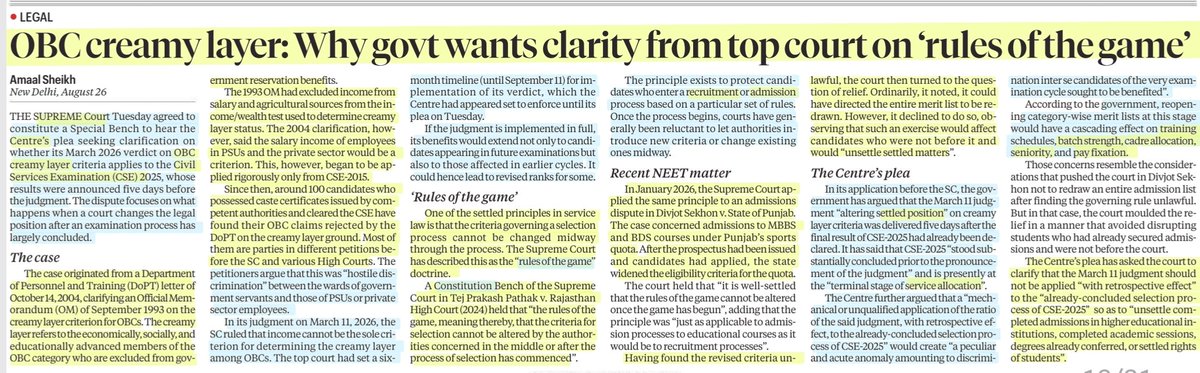 imRavikantYadav's tweet photo. OBC creamy layer: Why Govt wants clarity from top court on 'Rules OF The Game'
:Details by Ms Amaal Sheikh
@AmaalSheikh5
#OBC #CreamyLayer #Reservation #CSE #UPSC #Recruitment
#CadreAllocation #ServiceAllocation #Seniority #Training #PayFixation
#SettledPosition
#SupremeCourt https://t.co/NT33k4YFUF