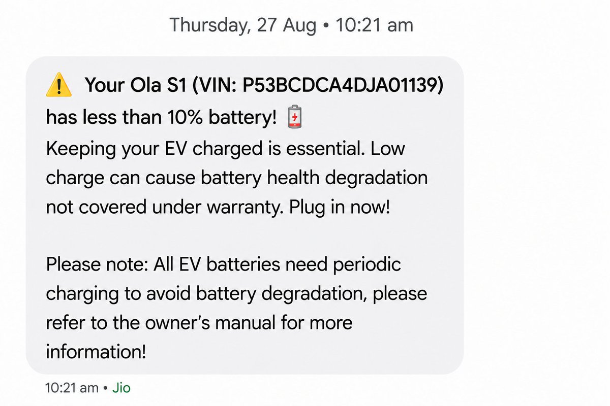 SDhakadOfficial's tweet photo. @bhash @OlaElectric — What a joke! 😂
मेरी scooter महीनों से आपके Experience Centre में खड़ी है, और अब Ola मुझे notification भेज रहा है:
“Battery below 10% — charge it now, otherwise battery degradation may not be covered under warranty.”
भाई, गाड़ी आपकी custody में है, charger भी आपके पास है… और warning मुझे? 
🤦‍♂️अगर महीनों तक आपकी workshop में खड़ी रहने से battery खराब हो गई, तो उसका bill भी customer भरेगा क्या?
पहले scooter ठीक नहीं कर पाए, अब खड़ी-खड़ी नई problem पैदा करके warranty से हाथ धोने की तैयारी है क्या?
@bhash, थोड़ी शर्म और थोड़ी accountability दोनों अच्छी चीज़ें हैं।
Customer की गाड़ी आपकी custody में है—उसकी हालत की जिम्मेदारी भी आपकी है।
#OlaElectric #OlaOwners #ServiceTrustGuarantee #AfterSalesService #CustomerFirst
@ola_ev2025