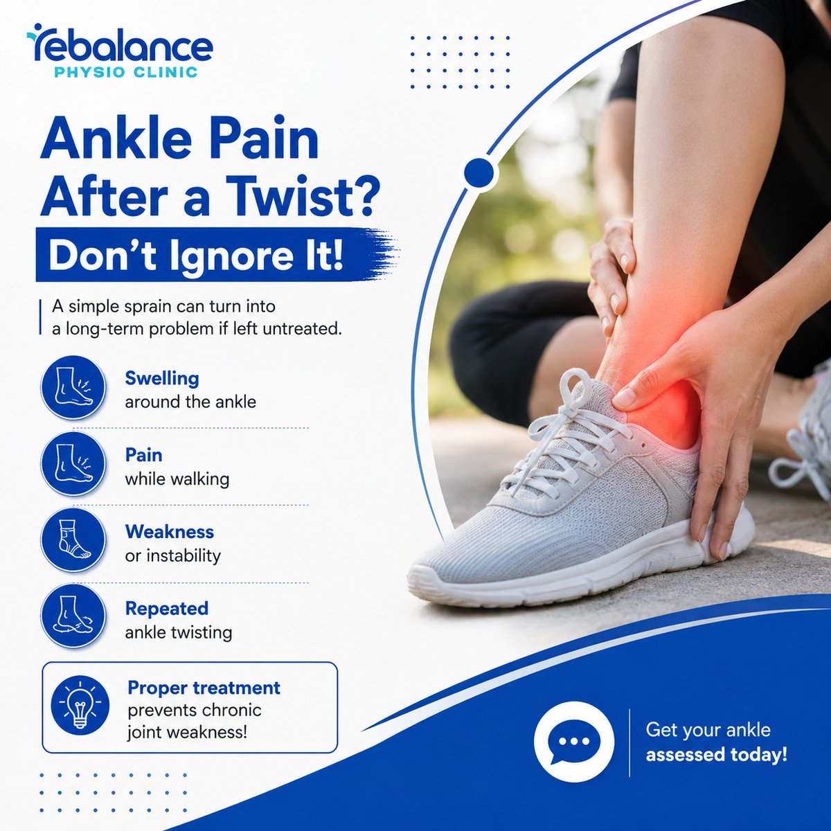 RaghuMewada002's tweet photo. A twisted ankle may seem minor, but ignoring it can lead to ongoing pain, weakness and repeated injuries.

Early assessment and proper treatment can help you recover safely and prevent long-term ankle instability.

#AnklePain #AnkleSprain #SportsInjury #Physiotherapy #PainRelief https://t.co/DHYucZbelW
