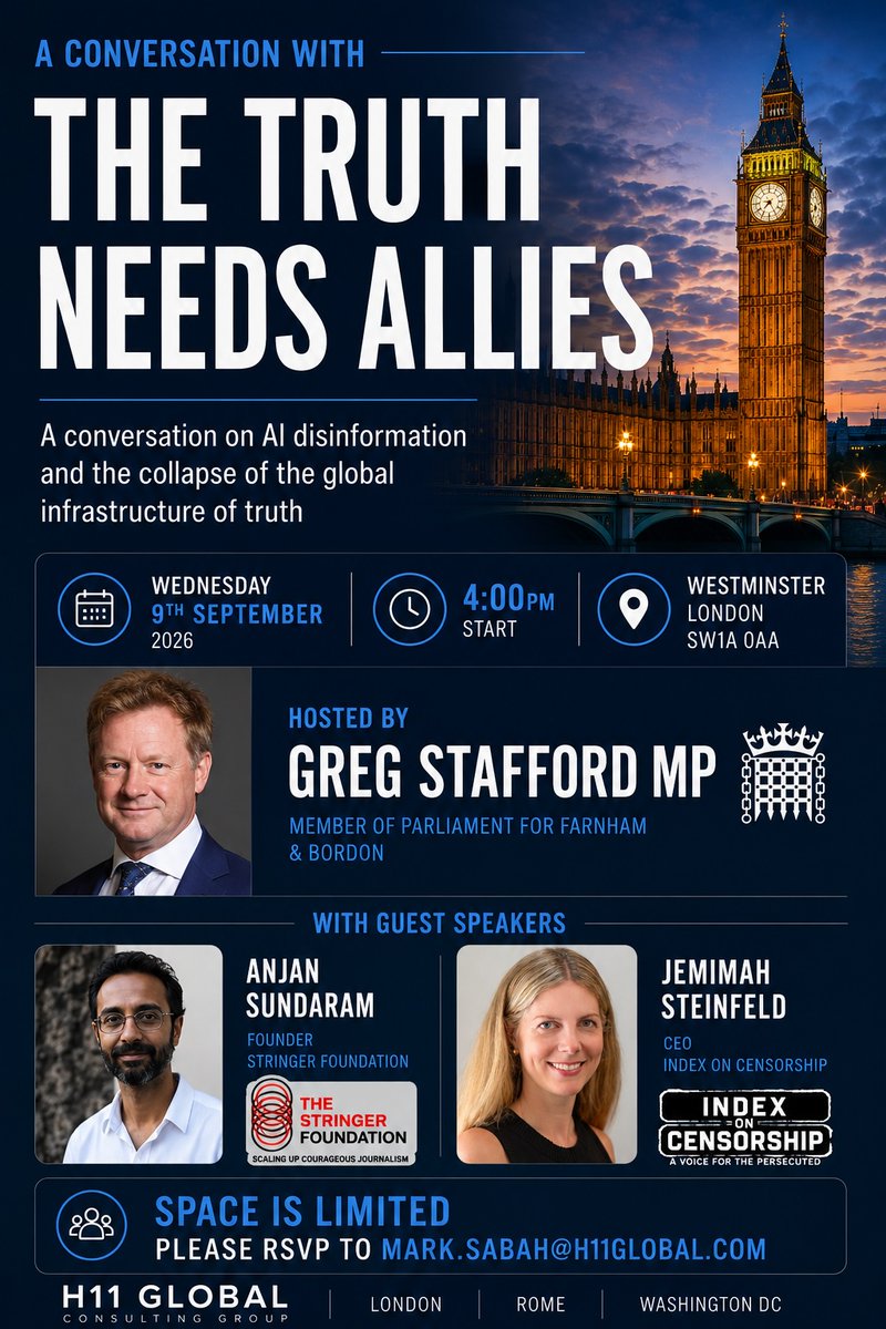 IndexCensorship's tweet photo. We are looking forward to being part of this event on Wed 9 September to discuss AI disinformation and the collapse of the global infrastructure of truth.
With Index CEO @JFSteinfeld, Greg Stafford MP and Stringer Foundation founder @anjansun.
RSVP to reserve your space. https://t.co/vJm7BgdAnk