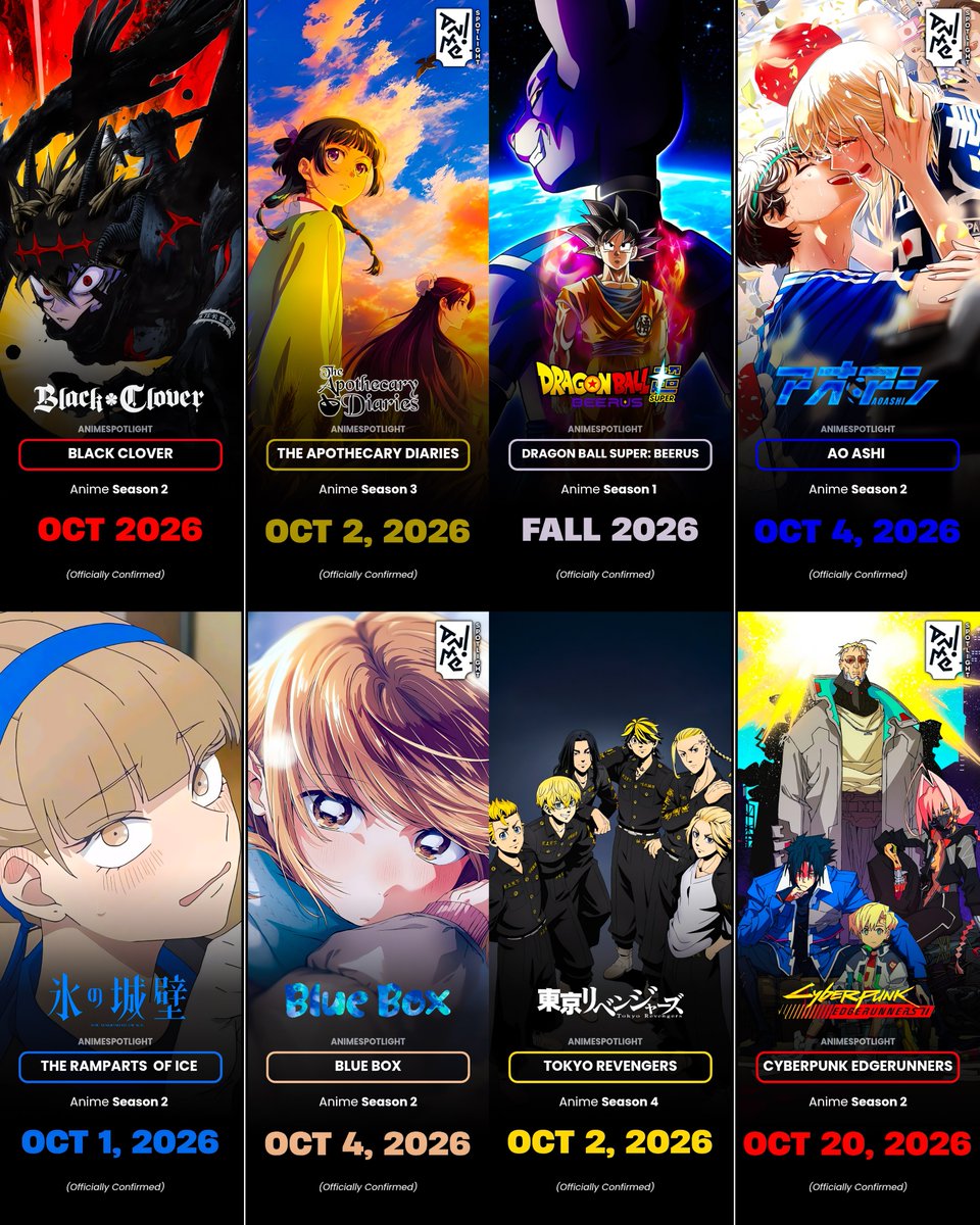 AnimeSpotlightt's tweet photo. 🍁 FALL 2026 IS STACKED 🍁

Here are some of the most anticipated animes coming next season! 🔥 https://t.co/eOaa1p55Gh