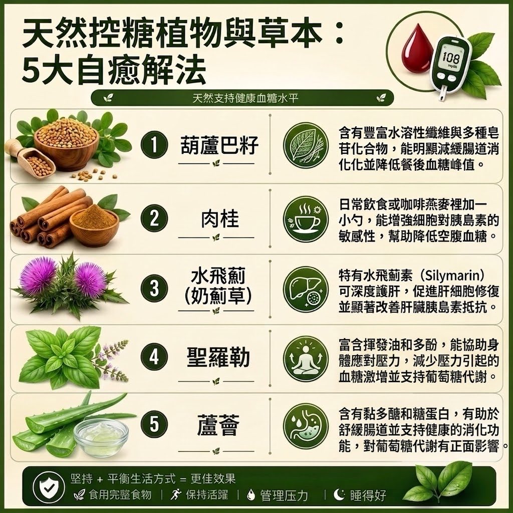 CongMrs's tweet photo. 血糖總是反覆不穩？大自然其實自帶智慧！🍃 許多草本植物在傳統養生與現代功能醫學中，都被發現具有平穩代謝的作用。

整理了圖中 5 個天然控糖植物與機制，不僅能幫您認識它們，更重要的是學會如何日常實踐。建議收藏 🧵👇

#健康 #控糖 #自然療法 #中醫養生 #草本 https://t.co/XW3OYgRYyd