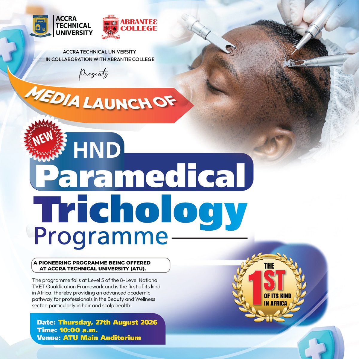 accratechuni's tweet photo. We’re LIVE! 

ATU is officially launching the HND Paramedical Trichology Programme today.

A new journey in hair and scalp health education begins! 

 Join the livestream.
https://t.co/prfco50WTr

@KDavidThompson @atusrcofficial_ https://t.co/8xfMxAxvgU