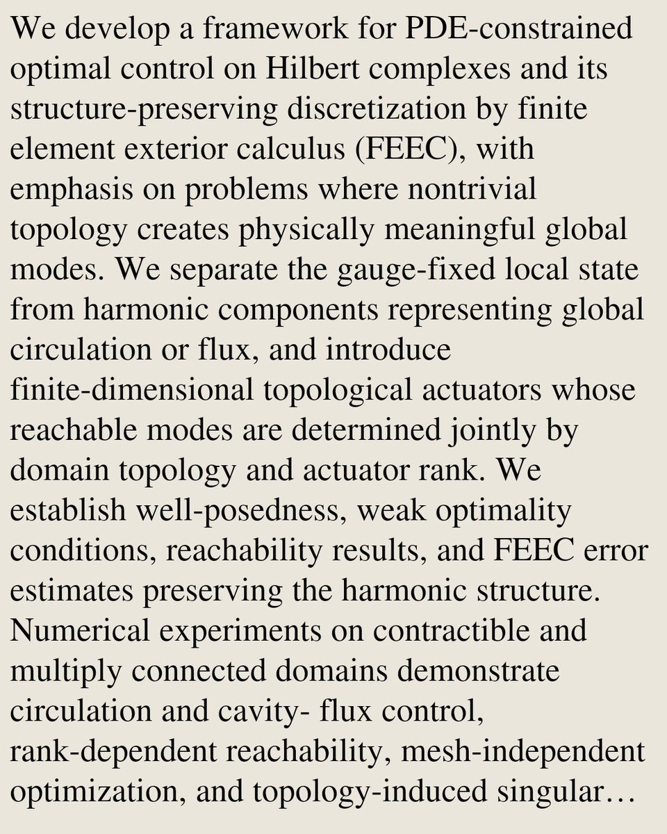 MathOCPapers's tweet photo. Optimal Control in Hilbert Complex Spaces with Finite Element Exterior Calculus

Farid Bozorgnia, Michael Holst, Anshu Kumar, Vyacheslav Kungurtsev, Martin Licht, Gantumur Tsogtgerel
https://t.co/17vdLuXsL6 [𝚖𝚊𝚝𝚑.𝙾𝙲] https://t.co/fJadUDkbo5