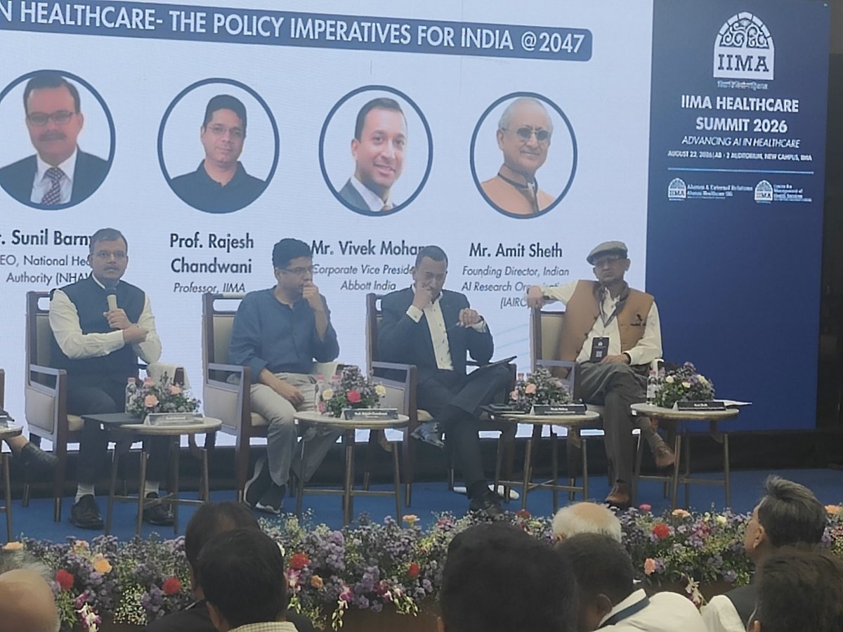 IAIRO_official's tweet photo. IAIRO was proud to be represented by Prof. Amit Sheth, Founding Director, at the IIMA Healthcare Summit 2026.

Speaking on the panel “AI in Indian Healthcare – The Policy Imperatives for India @2047,” Prof. Sheth joined distinguished policymakers, healthcare leaders, academics and industry experts to explore how India can build a responsible and innovation-friendly policy environment for AI-enabled healthcare.

The conversation highlighted the importance of collaboration, trustworthy AI and policy frameworks that can help improve access, outcomes and equity across India’s healthcare ecosystem.

@amit_p 

#IAIRO #IIMAHealthcareSummit #AIinHealthcare #HealthcareInnovation #ResponsibleAI #India2047 #DigitalHealth #IIMA