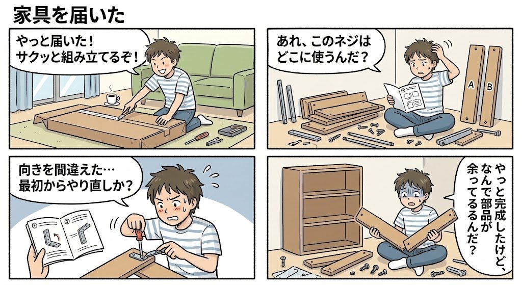fbaNanoBfa672uh's tweet photo. 自分で家具を組み立てるのって、まるでジェットコースターですよね!気合十分で始めたのに、途中で説明書の罠にハマって絶望すること、ありませんか?完成した後に謎の部品が残った時は、さすがに焦りました!
#DIYあるある #家具組み立て #説明書あるある #日常漫画 #4コマ漫画 #あるある https://t.co/G4laOmINgQ