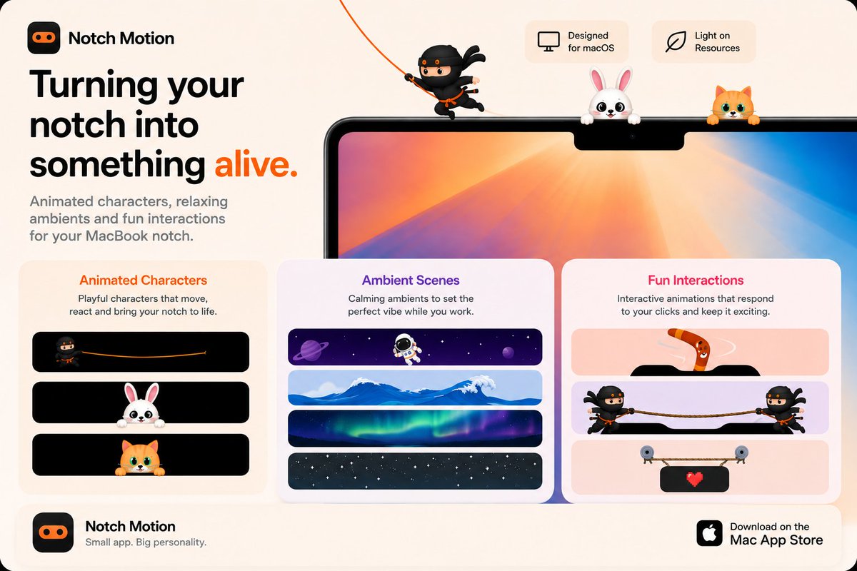 CtrlAltIssue's tweet photo. @anupamrjp Building Notch Motion - a tiny macOS app that turns the MacBook notch into something actually fun.
🥷 Animated characters &amp; mini interactions
🌌 Ambient scenes like Aurora, Star Field &amp; Sea Wave
✨ New animations added regularly

https://t.co/15WRofNa0F https://t.co/OQHD28hYP9