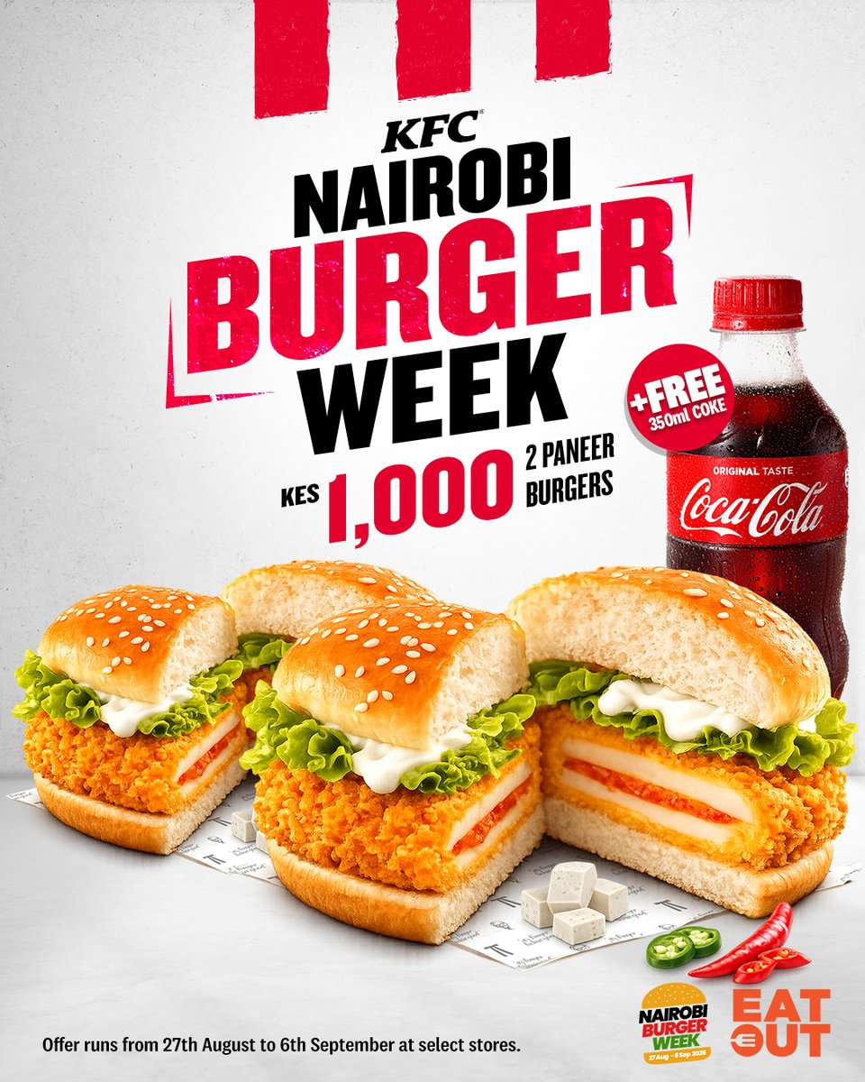KFCinKenya's tweet photo. KFC is officially patty-cipating in Nairobi Burger Week and we are about to have a finger lickin’ good time.

We are giving you an offer you can’t refuse: 2 crunch burgers & a free Coke for only 650/= and 2 Paneer Burgers for 1000/=

Available from 27 August to 6 September at select KFC stores. Get crunchin’