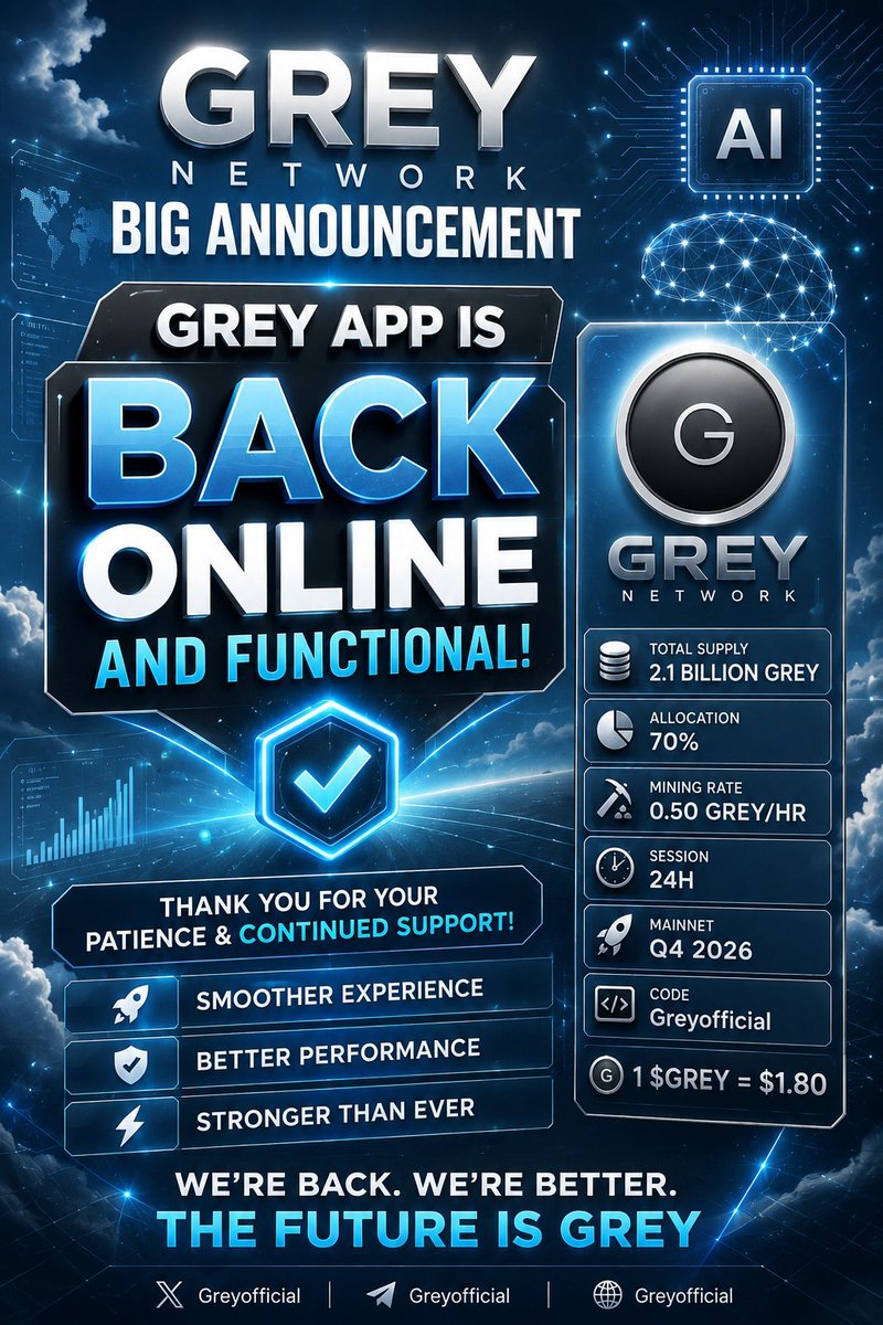 Aj435Q's tweet photo. 📢 GREY NETWORK  APP IS BACK ONLINE 

🇬🇧 UK-Based Project

💎 Total Supply: 2.1B GREY
📊 Community Allocation: 70%
⛏️ Mining Rate: 0.50 GREY/hr
⏱️ Mining Session: 24 Hours
🚀 Mainnet: Q4 2026

🎟️ Referral Code: Aj435

🔗 https://t.co/U4Fv5APC2N

👉DYOR https://t.co/WqiUj8BxGC