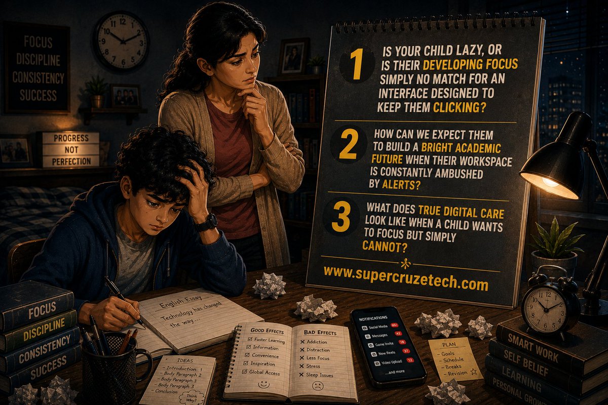 SupercruzeTech's tweet photo. Is your child lazy—or is their focus being fractured by endless notifications? A quick check can become 20 minutes of scrolling. #YouCare helps parents build healthier screen habits through supervision, regulation, and boundaries—without constant conflict. 💙  #DigitalParenting https://t.co/69SyvZLMm6