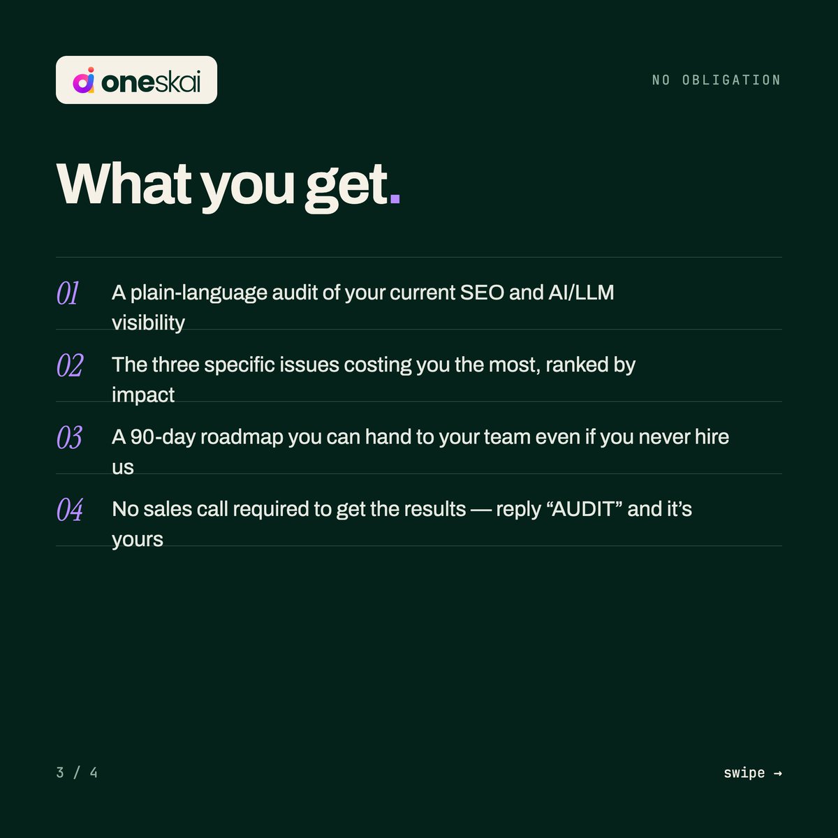 oneskaisol's tweet photo. Traffic flat? Leads down? Don’t guess where to spend next.

Get a free audit of your technical SEO, AI/LLM visibility, visitor drop-off points, and your 3 highest-impact fixes—plus a 90-day roadmap.

No pitch deck. Message “AUDIT” on WhatsApp. #SEO #B2BSaaS https://t.co/0bO9VgkMe2