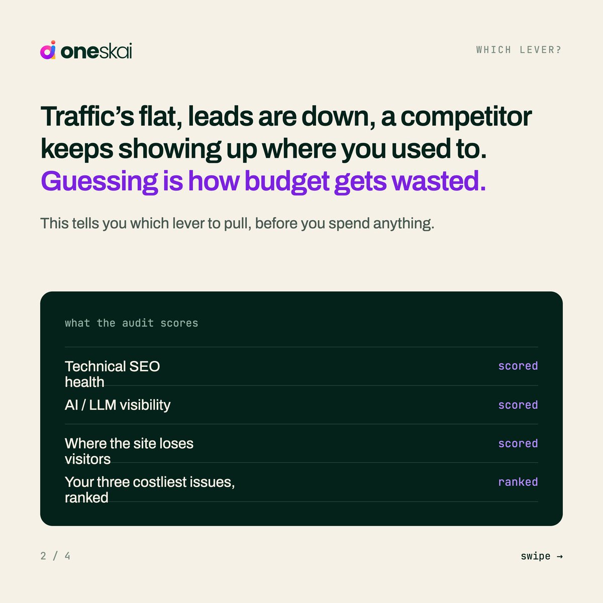 oneskaisol's tweet photo. Traffic flat? Leads down? Don’t guess where to spend next.

Get a free audit of your technical SEO, AI/LLM visibility, visitor drop-off points, and your 3 highest-impact fixes—plus a 90-day roadmap.

No pitch deck. Message “AUDIT” on WhatsApp. #SEO #B2BSaaS https://t.co/0bO9VgkMe2