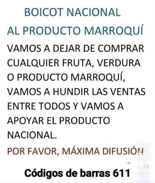 Rober_Alcaz's tweet photo. Lo puse hace un tiempo y lo vuelvo a poner. Más vale pecar por pesado que no pecar y no AVISAR:
- Productos con el código de barras 611, ATPC, se devuelve a la estantería y que lo consuman los moros.
¡A marruecos ni un euro!
¿Productos agrícolas y ganaderos? ¡¡Los españoles!! https://t.co/AA9vjNAns6