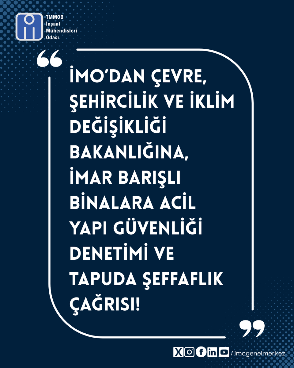 imomerkez's tweet photo. 📢İMO’dan Çevre, Şehircilik ve İklim Değişikliği Bakanlığına, İmar Barışlı Binalara Acil Yapı Güvenliği Denetimi ve Tapuda Şeffaflık Çağrısı!
📍TMMOB İnşaat Mühendisleri Odası, kamuoyunda “İmar Barışı” olarak bilinen düzenleme kapsamında Yapı Kayıt Belgesi verilen yapıların deprem güvenliğinin sağlanması ve bu yapılara ilişkin bilgilerin şeffaf hale getirilmesi amacıyla Çevre, Şehircilik ve İklim Değişikliği Bakanlığına 27 Ağustos 2026 tarihinde başvuruda bulundu.
🔗Haberin devamı 👇
https://t.co/Kt3zK2hE8B