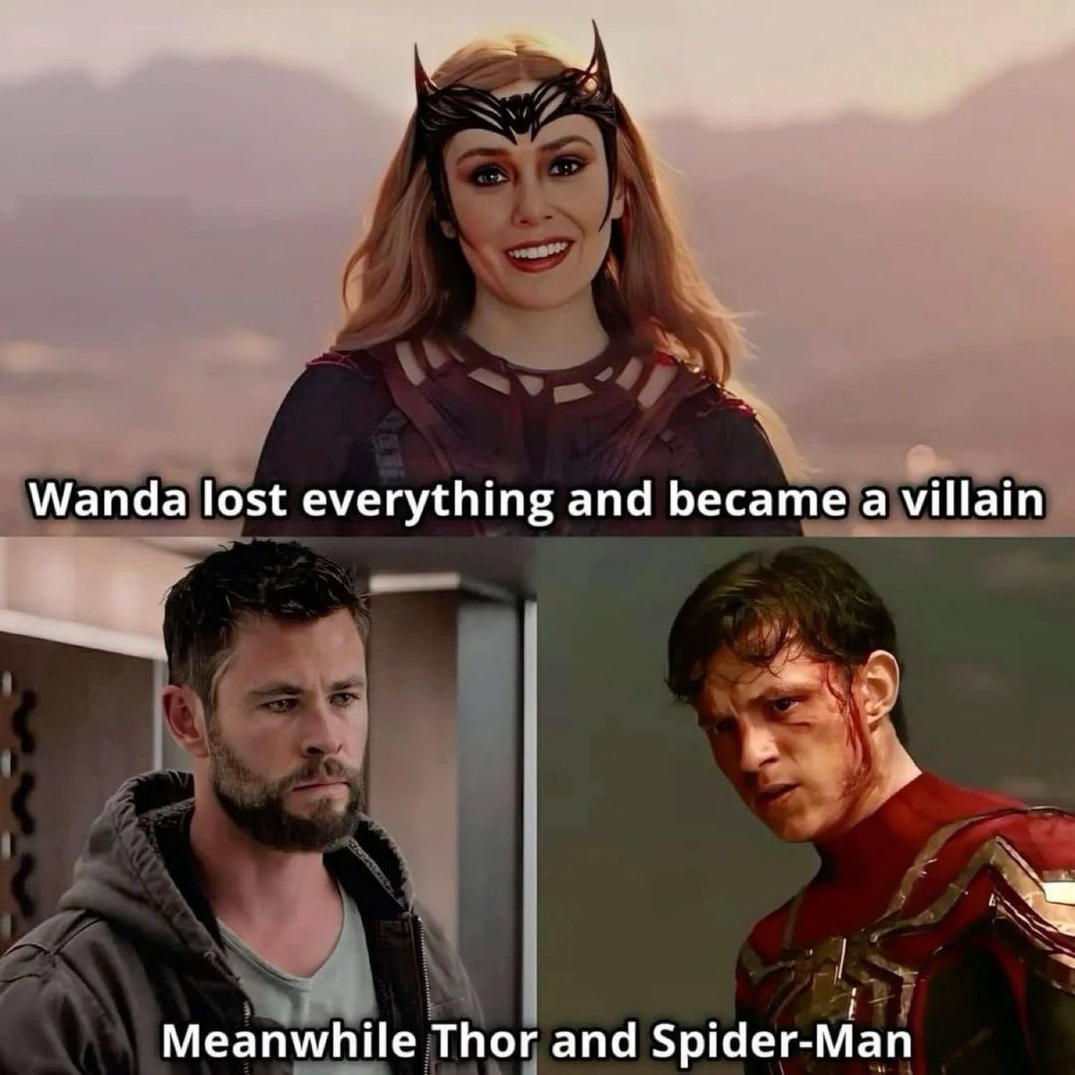 King_Shark02's tweet photo. If losing everything turned Wanda into a villain, why didn’t it do the same to Thor and Spider-Man? Maybe pain doesn’t corrupt you. Maybe it just reveals who you already were. https://t.co/koxDHh9Rn9
