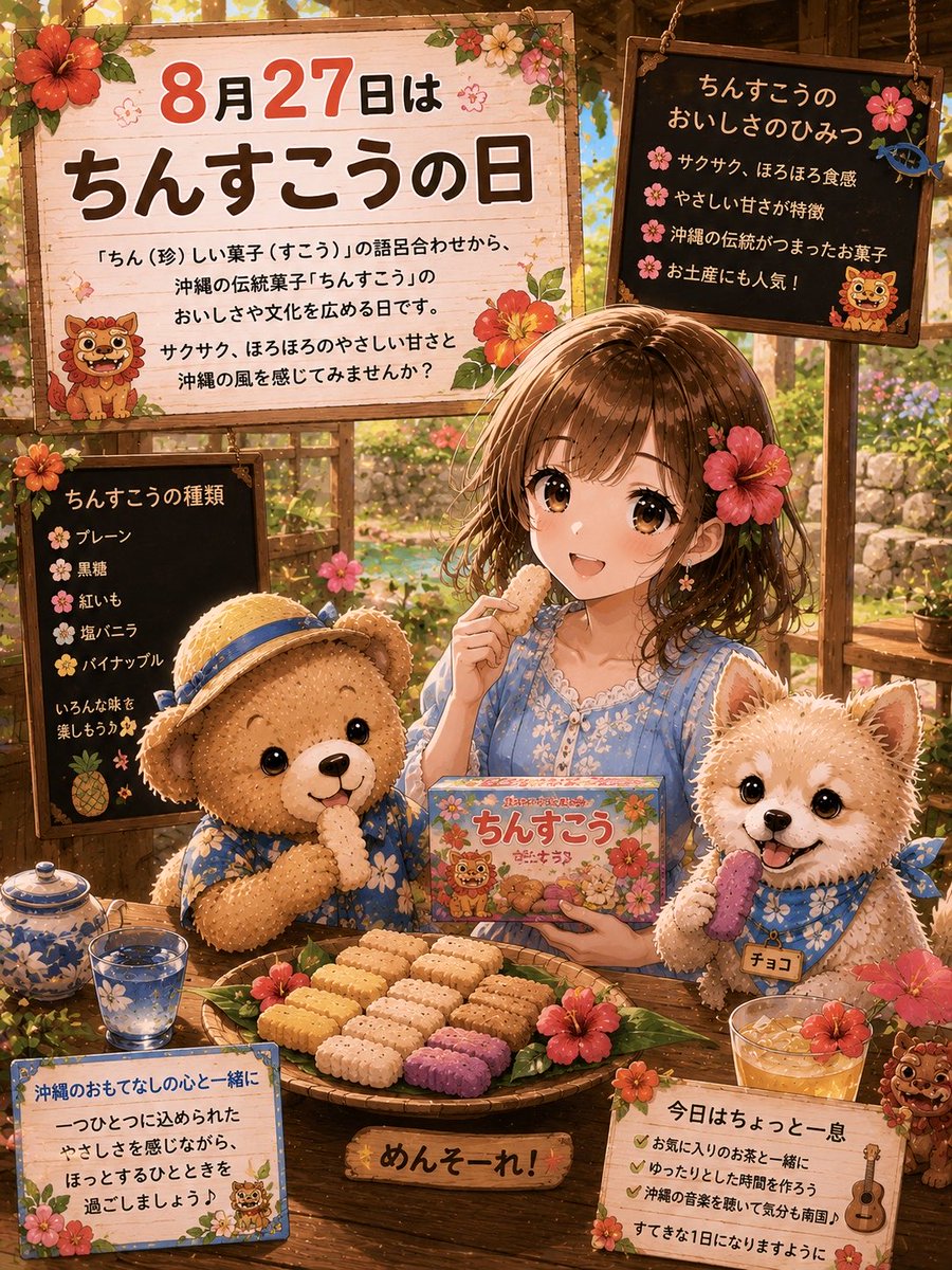 xdvpuz's tweet photo. 🌺今日は #ちんすこうの日✨

サクサク、ほろほろとした食感と優しい甘さが魅力の沖縄のお菓子☺️

南国気分いっぱいの空間で仲良くいただきます🌸🧸🐶💕

今日はちょっとひと休みして、のんびり過ごしましょう🌺

#AIイラスト #ちんすこう #沖縄 #おやつ https://t.co/Kh4c9ZaVCH