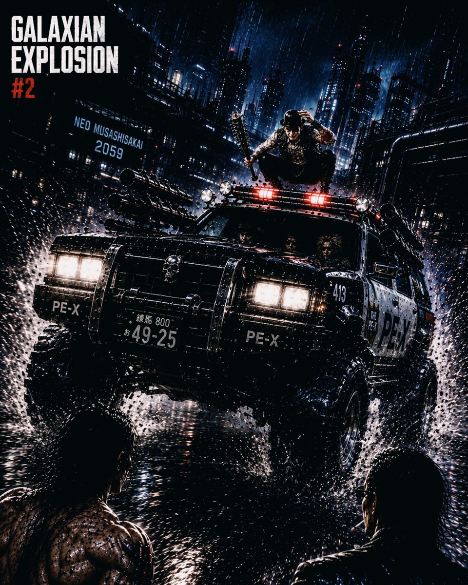 thepex_'s tweet photo. GALAXIAN EXPLOSION #2

先に動いたのはサイコだった。

機械の左腕を振り抜く。

だが――
当たらない。

サングラスの男は、
わずかに身体をずらしただけだった。

次の瞬間、脇腹に衝撃が走る。

「……っ！」

サイコはくの字に身体を曲げ、
そのまま横方向へ吹き飛ばされ、壁に叩きつけられる。

何をされたのか分からない。

立ち上がると、背後に気配。

殺気を感じ、咄嗟にしゃがむ。

その頭上を――

日本刀が横一閃に走った。

数本の髪が宙を舞う。

振り返ると、
刀身がコンクリートの壁に食い込んでいた。

「どんな切れ味なんだよ……」

息つく暇もない。

横から乾いた銃声。

女か。

サイコは慌てて地面を転がり、距離を取る。

三人が入れ替わりながら、
少しずつ逃げ道を塞いでいく。

「なんだよ……お前ら」

返事はない。

今まで相手にしてきた政府の憲兵とは、
明らかに違った。

怒鳴らない。
威嚇もしない。

ただ淡々と、
サイコを追い詰めていく。

拳を振る。
かわされる。

もう一度。
届かない。

懐に入られ、鈍い衝撃が身体に広がる。

サイコが膝をつく。

「クソ……」

機械の左腕を地面についた。

バチッ、と火花が散る。

立ち上がろうとするが、
身体に力が入らない。

三対一とはいえ、
ここまで何もできないとは思わなかった。

サングラスの男が近づいてくる。

「終わりだ」

男が銃の引き金を引こうとした――
その時だった。

遠くから、
けたたましいサイレンとエンジン音が聞こえた。

三人が振り返る。

一台のパトカーが、
猛スピードで路地へ突っ込んでくる。

「警察……？」

いや。
違う。

車体は継ぎ接ぎだらけ。
妙な装備が増設され、
もはやパトカーだった頃の面影はほとんど残っていない。

しかも――

猛スピードで走る車体の上に、
一人の男が乗っている。

ボーラーハットに白塗りの顔。

――ゲンジ。

そして、その右手には一本のこん棒。

ゲンジはサイコを見ると、
なぜかニヤリと笑った。

次の瞬間――

車がさらに加速した。
そのまま三人めがけて突っ込んでくる。

「おいおいおい！！」

三人が散る。

パトカーはサイコの目の前で急旋回し、
路地を塞ぐように停まった。
タイヤの焦げる匂いがする。

それと同時に、
ゲンジが屋根から高く飛び上がった。

着地と同時に、日本刀の男へこん棒を全力で振り抜く。

激しい金属音が路地裏に響いた。

日本刀が弾き飛ばされ、
くるくると回転しながらコンクリートの壁に突き刺さる。

「……誰だよ、お前」

「説明はあとです」

後部ドアが開く。

金髪の男――シャミが降りてきた。

「疲れるから嫌なんだけどね」

面倒くさそうに首を鳴らす。

男がため息をついた、次の瞬間。

腕が膨れ上がる。

背中が盛り上がる。

骨格そのものが変わっていく。

みるみる獣のような姿へ変わっていくそのさまに、
サイコは目を疑った。

シャミが咆哮を上げる。

地面を蹴り、
鋭い爪を振り回す。

三人が初めて大きく後退した。

その隙にゲンジはサングラスの男へ飛び込み、
こん棒を振り抜き、男が受け止める。

乾いた音が何度も路地裏に響いた。

「マコトさん！」

ゲンジが叫ぶ。

車内から小さな筒が投げ込まれ、
地面を転がる。

次の瞬間。

破裂音とともに閃光が広がり、
視界が真っ白になる。

「今です！」

その直後。

サイコの身体が宙に浮いた。

「え？」

そのまま車へ放り込まれ、
ゲンジとシャミも飛び乗った。

運転席では、
バーガンディの帽子を被った男――キチクがハンドルを握っている。

「どこに連れて行く気だ！
いったい何なんだ、お前ら！」

「話は後だ」

キチクが煙を吐きながら、
アクセルを踏み込む。

タイヤが鳴く。

改造パトカー――
ペックスモービルが急発進した。

閃光弾を投げ込んだ男――マコトが、
追手に向けてライフルを連射する。

銃声を残し、
ペックスモービルは路地を駆け抜けていく。

ネオムサシサカイの街灯が、
窓の外をものすごい速さで流れていく。

「なんだよ……こいつら……」

そこで、

サイコの意識は途切れた。

――路地裏。

The Gimletの三人は、
走り去る車を見つめていた。

サングラスの男が煙草に火をつける。

その視線は、
ペックスモービルの後部座席にいた一人の男を捉えていた。

サングラスの男の表情が、
ほんの少しだけ変わる。

「……マコト」

残る二人が男を見る。

「知ってるの？」

男は答えない。

煙を吐きながら、
遠ざかるテールランプを見つめている。

かつて――

同じ政府側にいた男。

サングラスの男が小さく呟いた。

「生きていやがったか……」

つづく。

#theペックス #VELOASKIN #GalaxianExplosion #ギャラクシアンエクスプロージョン