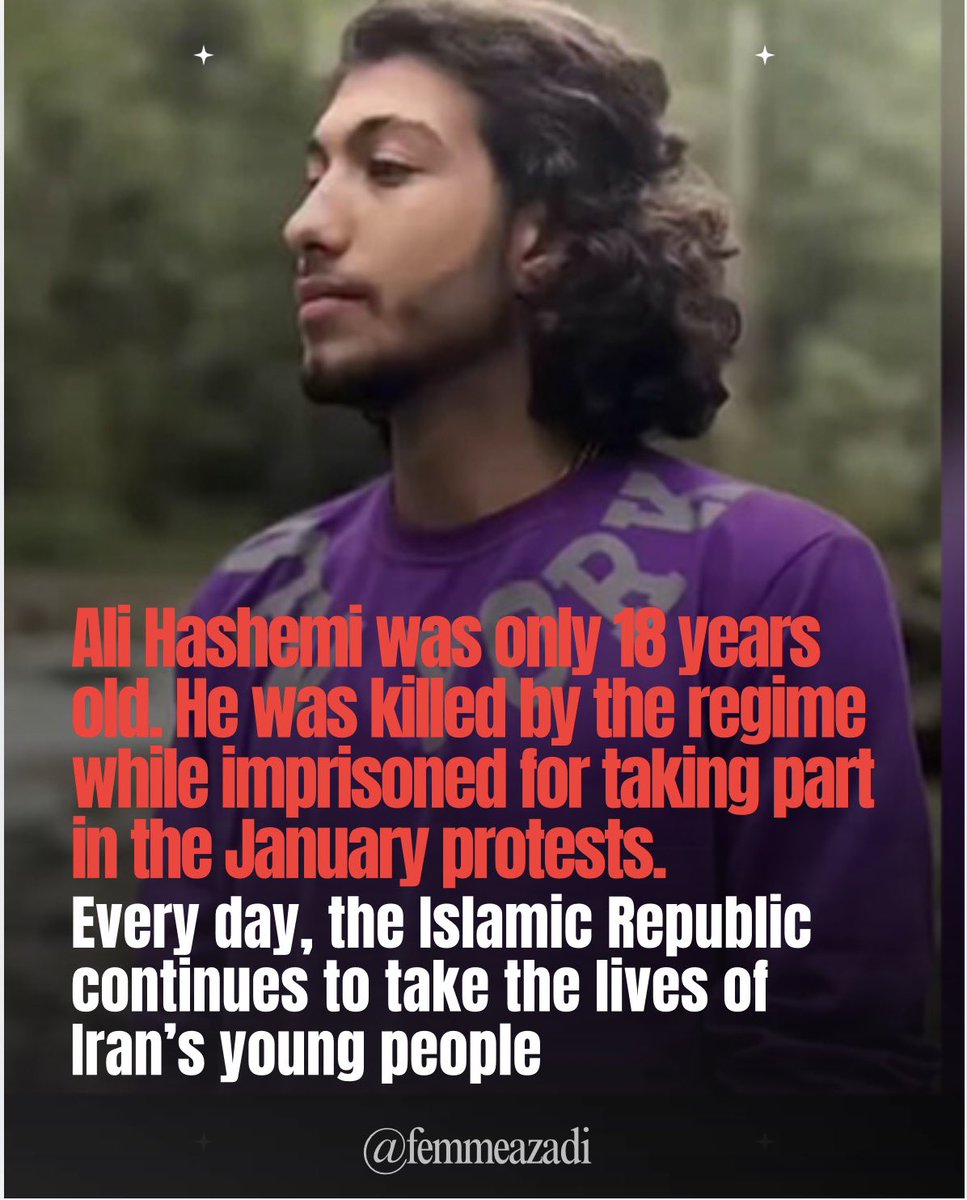femmeazadi's tweet photo. Ali Hashemi n’avait que 18 ans. Il a été tué par la république islamique alors qu’il était détenu en prison pour avoir participé aux manifestations de janvier. Chaque jour, la République islamique continue d’ôter la vie à la jeunesse iranienne. https://t.co/9tGDQpByoG
