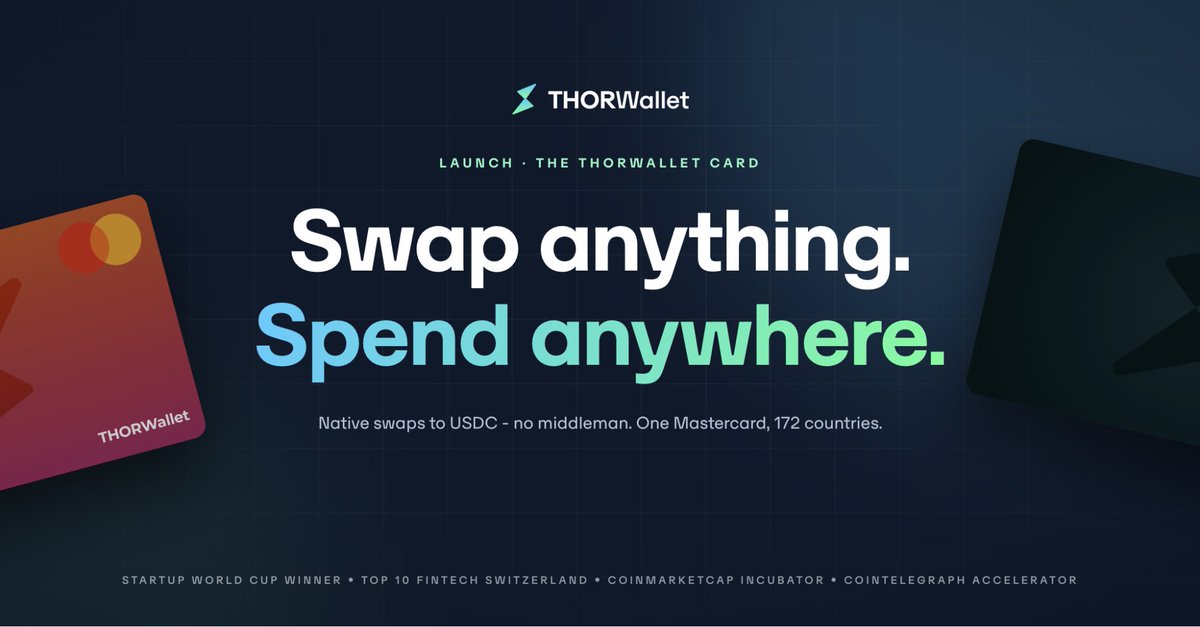 CoinMarketCap's tweet photo. 💳 Swap anything. Spend anywhere. The @THORWallet Card is live.

🔹 Swap BTC, ETH, SOL and thousands more natively to USDC in your wallet
🔹 0% top-up fee, tap at Mastercard terminals worldwide
🔹 Live in 172 countries, including the USA

🌍 Learn more
https://t.co/PHwHkFEJQ1

(CMC Labs: Partnership)