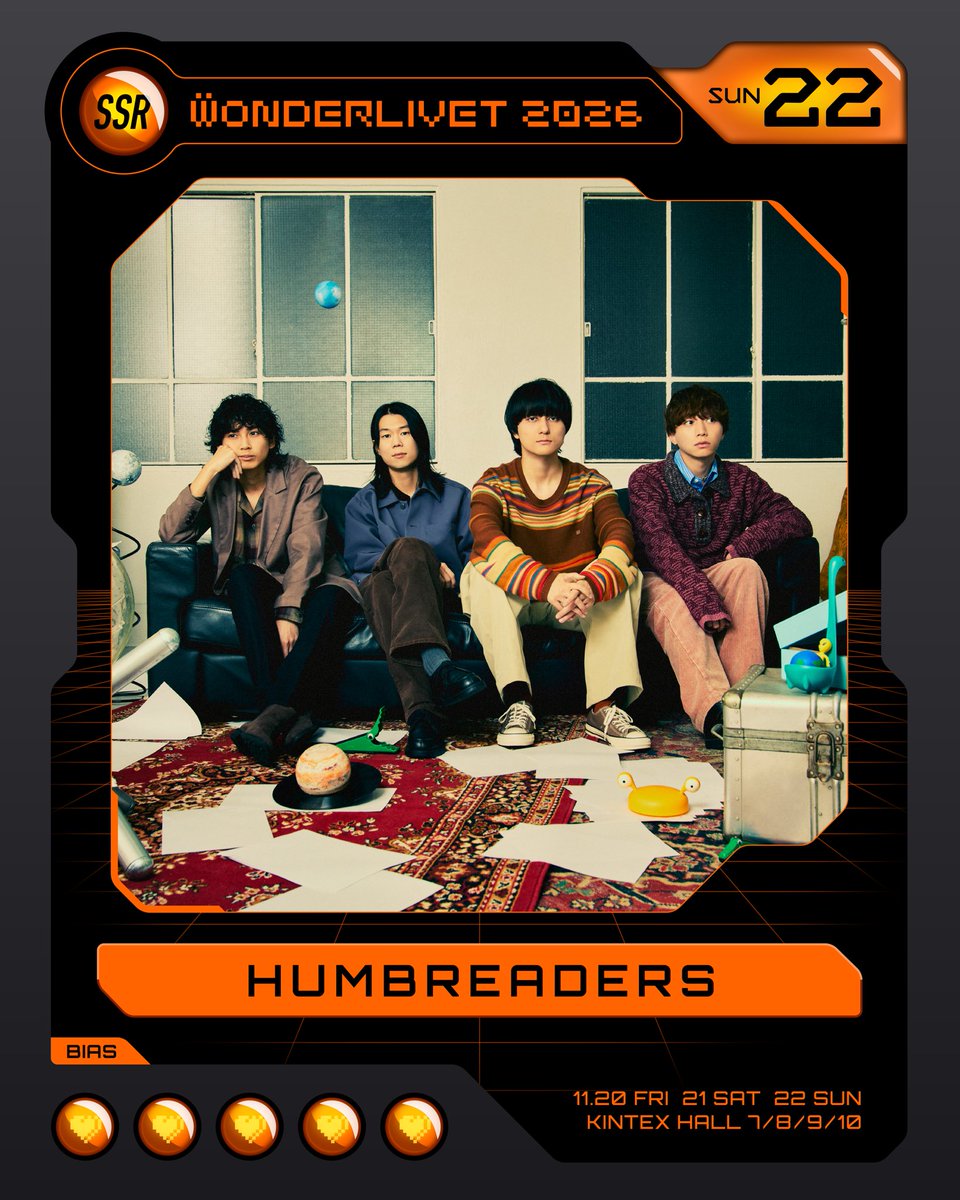 Humbreaders's tweet photo. 💥解禁💥

11/22（日）
韓国・KINTEX HALL 7/8/9/10

╭━━━━━━━━━╮
　
 WONDERLIVET 2026 

╰━━━━ｖ━━━━╯

ハンブレッダーズ出演決定👾‼️
初めての海外ライブです🛫

よろしくお願いします🙇🏻‍♂️🙇🏻‍♂️🙇🏻‍♂️🙇🏼‍♂️

🔗 https://t.co/XYB8Q9tNKP

#WONDERLIVET2026 #원더리벳2026
@WONDERLIVET https://t.co/irFwFMJOFS