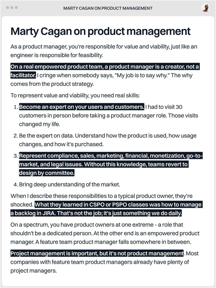 nurijanian's tweet photo. Marty Cagan on product management

AI creates a new fake PM: the facilitator who pastes Claude into the PRD.

Same trap, new tool:
- Old fake job: manage the Jira backlog
- New fake job: let agents make slop
- Real job (unchanged): own value + viability, with judgment https://t.co/Jt74PCoxAc