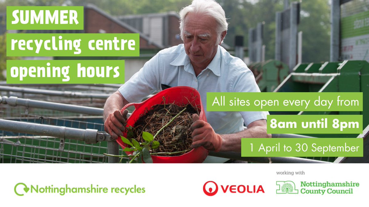 NottsCC's tweet photo. ♻️ Got some stuff to take to your local recycling centre? Please be aware that they're usually very busy on bank holiday weekends. 

All of our sites are open daily from 8am to 8pm, so we'd advise visiting in the mornings or evenings when they're quieter.

#NottsRecycles https://t.co/RvW2GWlSYg