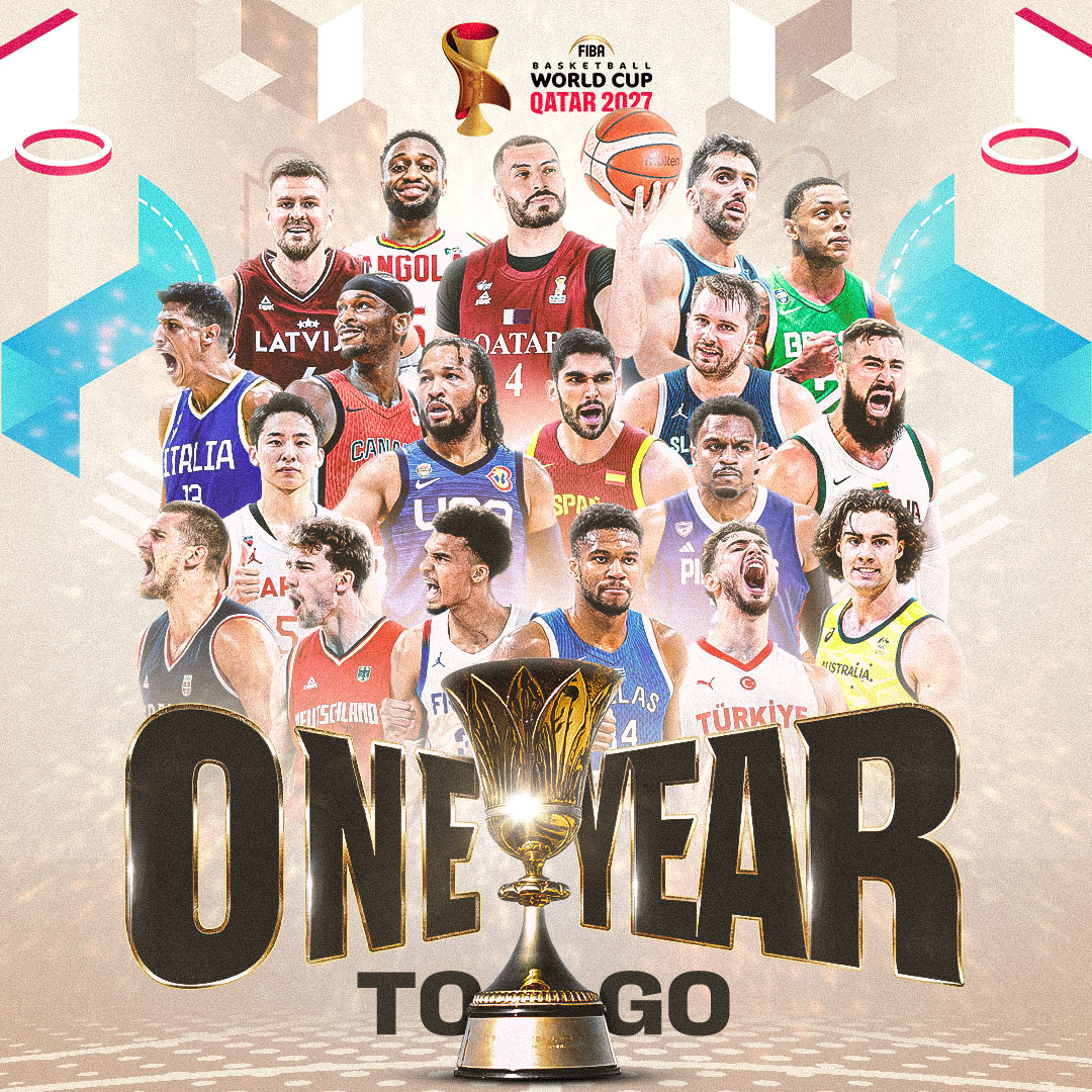 FIBAWC's tweet photo. ONE YEAR TO GO UNTIL FIBA BASKETBALL WORLD CUP 2027 🏆