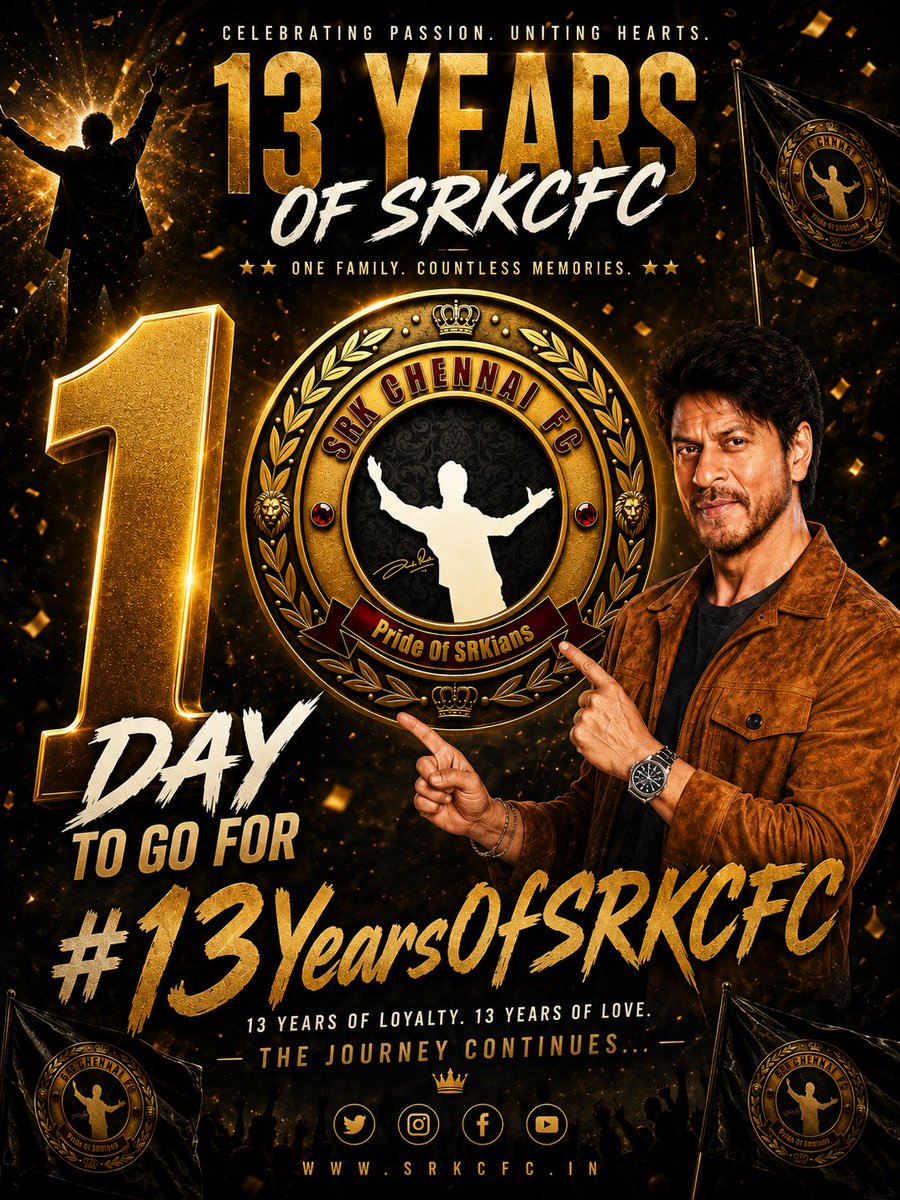 SRKCHENNAIFC's tweet photo. ONE DAY. ONE FAMILY. 13 YEARS OF PURE MADNESS. 👑🔥

From countless celebrations to unforgettable memories, from every cheer to every challenge — 13 years later, the passion still burns stronger than ever.

Tomorrow, we celebrate 13 years of SRKCFC — a journey built on nothing but LOVE, LOYALTY & THE KING. ❤️

13 YEARS. MILLIONS OF MEMORIES. ONE SRKCFC.

The countdown ends tomorrow.
The celebration begins. 👑💥

#ShahRukhKhan @iamsrk #SRKCFC