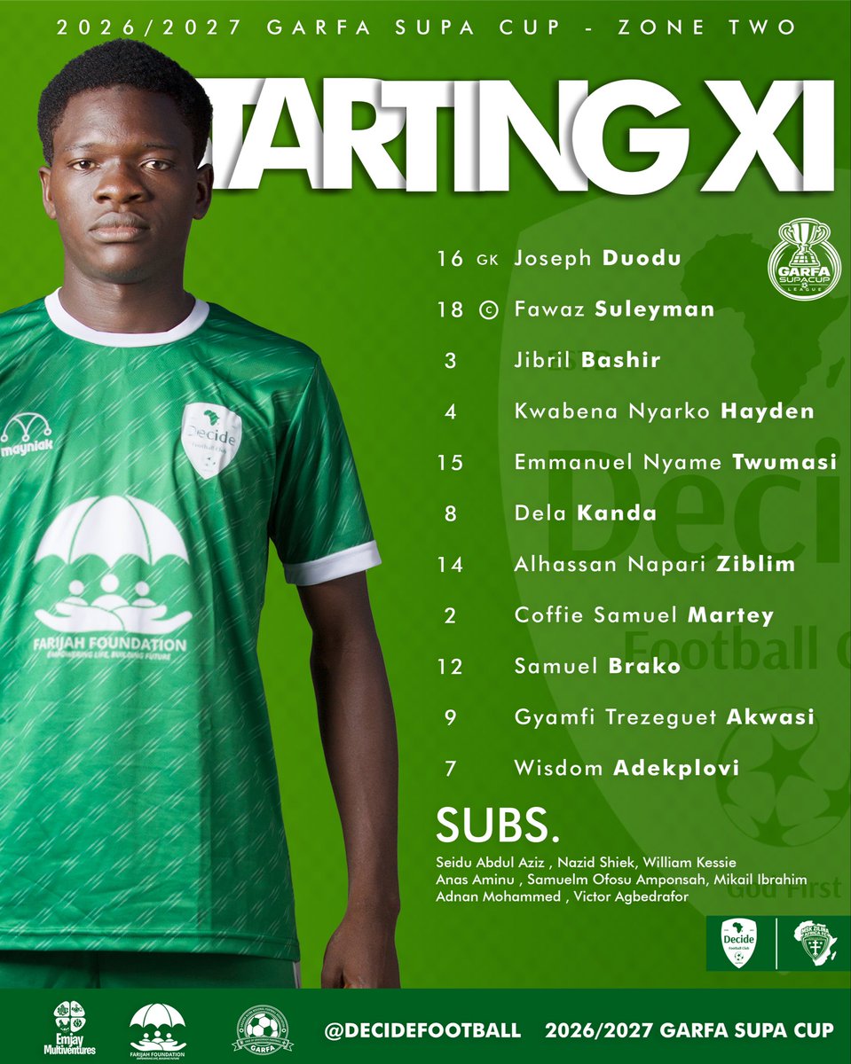 decidefootball's tweet photo. Your starting XI is here🔥!
#OurDecisionOurGlory #GodFirst #FarijahFoundation #EmjayMultiventures #GARFASupaCup https://t.co/FBXAPHes9p