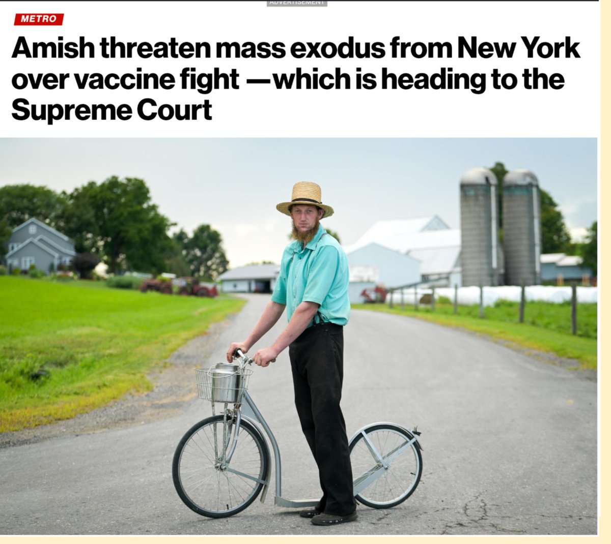 deluxe_pepe's tweet photo. New York’s Amish community is issuing an ultimatum to state bureaucrats: leave us alone or we’re packing up our buggies for greener pastures.

The threat has been sparked by a vaccine mandate fight that the 25,000 strong religious community is taking all the way to the Supreme Court.

It takes place as state Health Department officials continue to slap thousands in fines on tiny, one-room parochial Amish schools which have refused to comply with a Cuomo-era vaccine decree.