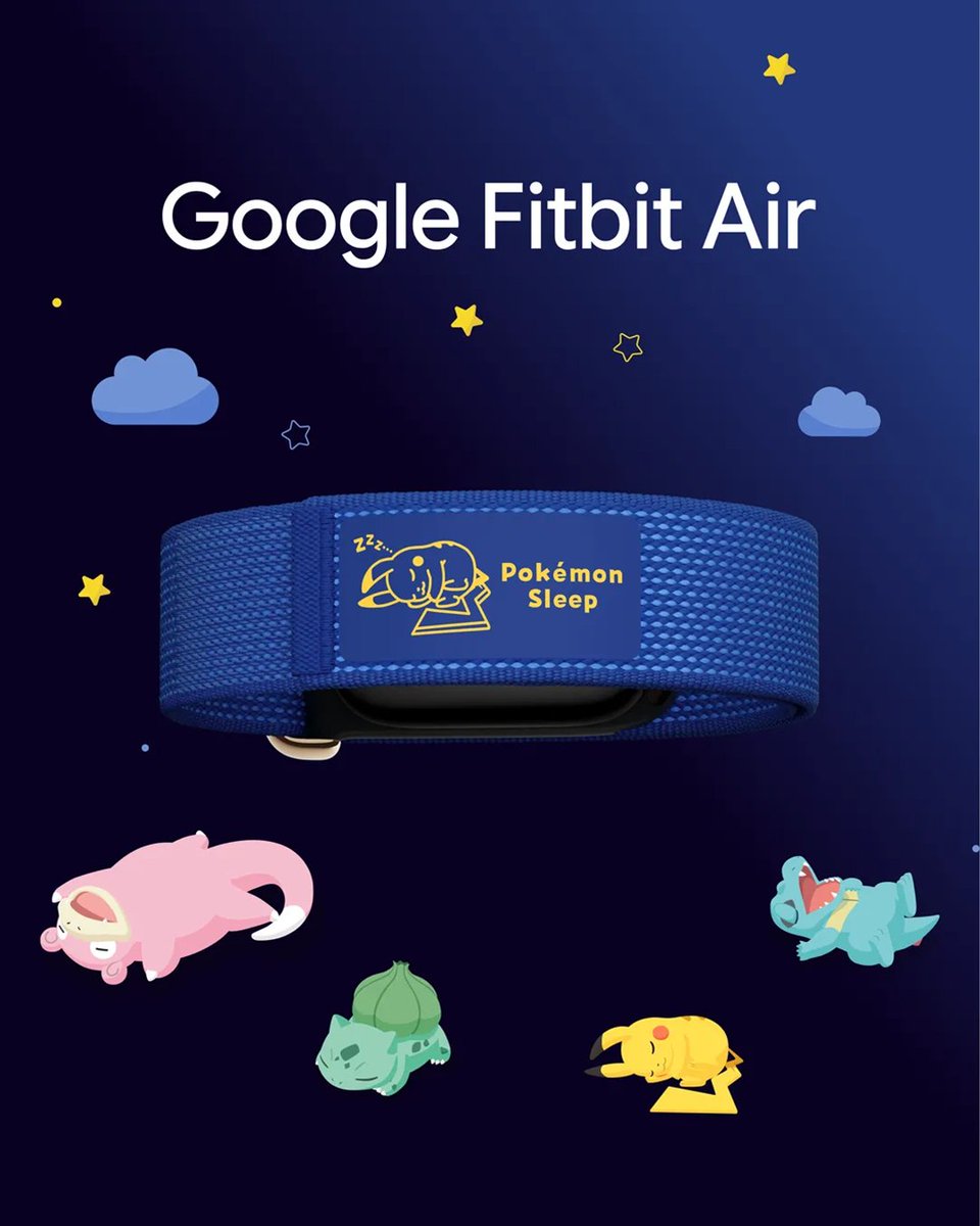 Google Fitbit Air 限定モデル Pokémon Sleep と、眠っているポケモンがうつっている。上部には、「Google Fitbit Air」とかかれている。