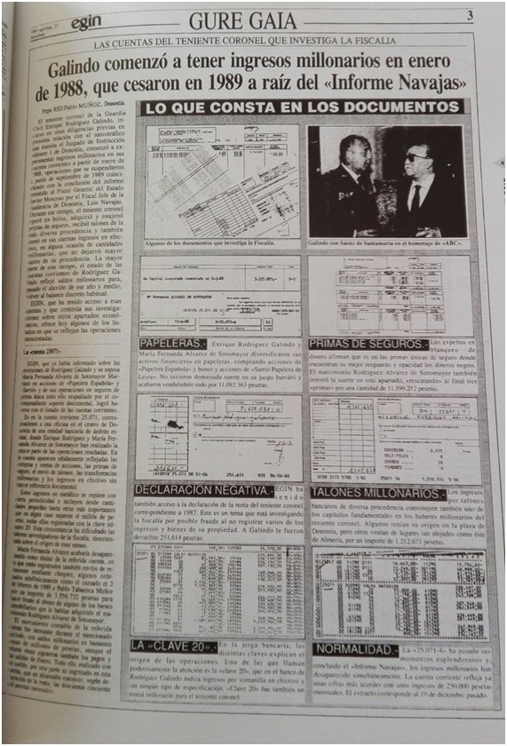 outsidersesp's tweet photo. Un 12 de mayo de 1989, el fiscal de Donostia, Luis Navajas, envió un informe a la Fiscalía General del Estado de España sobre la vinculación de un gran número de guardias civiles con la difusión de heroína y otras drogas en Euskal Herria.

En aquel documento, que pasó a conocerse como Informe Navajas , se mencionaba a muchos altos cargos de la Guardia Civil, entre ellos el teniente coronel Enrique Rodríguez Galindo.

El informe explicaba la relación entre los funcionarios del cuartel de Intxaurrondo y las redes de narcotráfico de Gipuzkoa, y que muchos guardias civiles recibían de ellos enormes sumas de dinero, a cambio de permitirles distribuir droga.

Las conclusiones del informe Navajas no fueron investigadas y el documento desapareció de la noche a la mañana, aunque nadie ha explicado cómo sucedió.