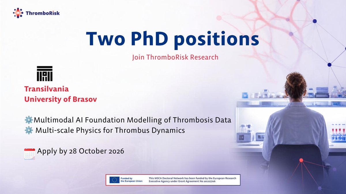 ThromboRisk's tweet photo. 🎓 Two PhD positions still open at Transilvania University of Brasov within the @ThromboRisk Doctoral Network!
🧠 Multimodal AI Modelling of Thrombosis Data
⚙️ Multi-scale Physics for Thrombus Dynamics
🔗https://t.co/xC4Rv6IsqZ
🔗https://t.co/8mdXBI7PL1
#PhD #MSCA #ThromboRisk https://t.co/p4x5f1atEX