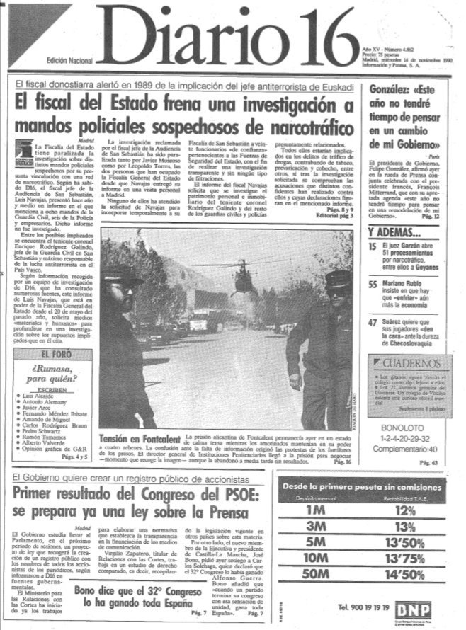 outsidersesp's tweet photo. Un 12 de mayo de 1989, el fiscal de Donostia, Luis Navajas, envió un informe a la Fiscalía General del Estado de España sobre la vinculación de un gran número de guardias civiles con la difusión de heroína y otras drogas en Euskal Herria.

En aquel documento, que pasó a conocerse como Informe Navajas , se mencionaba a muchos altos cargos de la Guardia Civil, entre ellos el teniente coronel Enrique Rodríguez Galindo.

El informe explicaba la relación entre los funcionarios del cuartel de Intxaurrondo y las redes de narcotráfico de Gipuzkoa, y que muchos guardias civiles recibían de ellos enormes sumas de dinero, a cambio de permitirles distribuir droga.

Las conclusiones del informe Navajas no fueron investigadas y el documento desapareció de la noche a la mañana, aunque nadie ha explicado cómo sucedió.