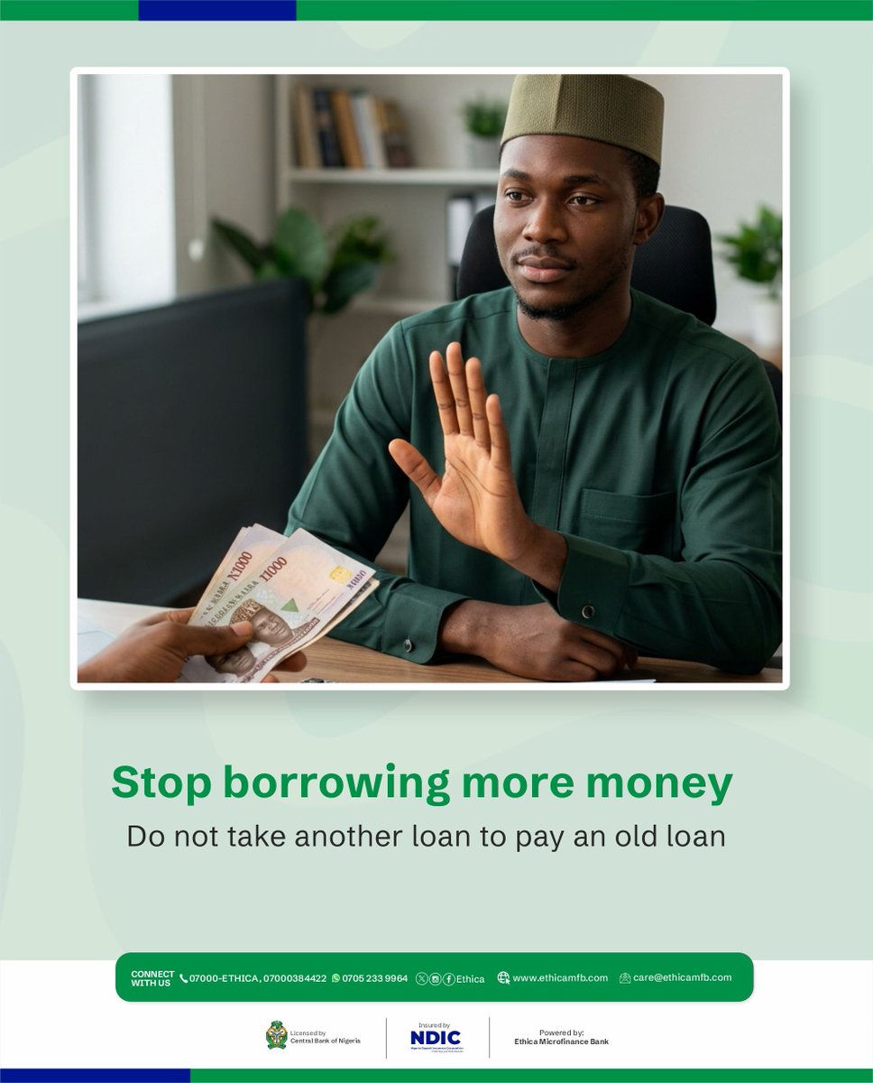 EthicaNG's tweet photo. Being stuck in debt can feel overwhelming, but it doesnโt mean youโre stuck forever.
Swipe through for 4 practical things you can do to get back on track.
#SmartMoneyMoves #DebtManagement #PersonalFinance https://t.co/bBtWz9WPbW