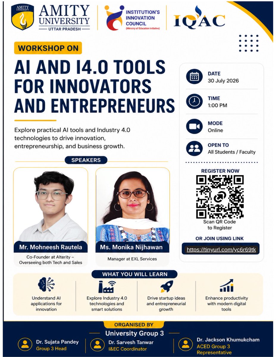 IicAmity's tweet photo. 🚀 Workshop on AI and I4.0 Tools for Innovators and Entrepreneurs An insightful workshop on “AI and Industry 14.0 Tools for Innovators and Entrepreneurs” was conducted  at Amity University to equip participants with practical knowledge of emerging technologies. https://t.co/fR4mJPpu0v