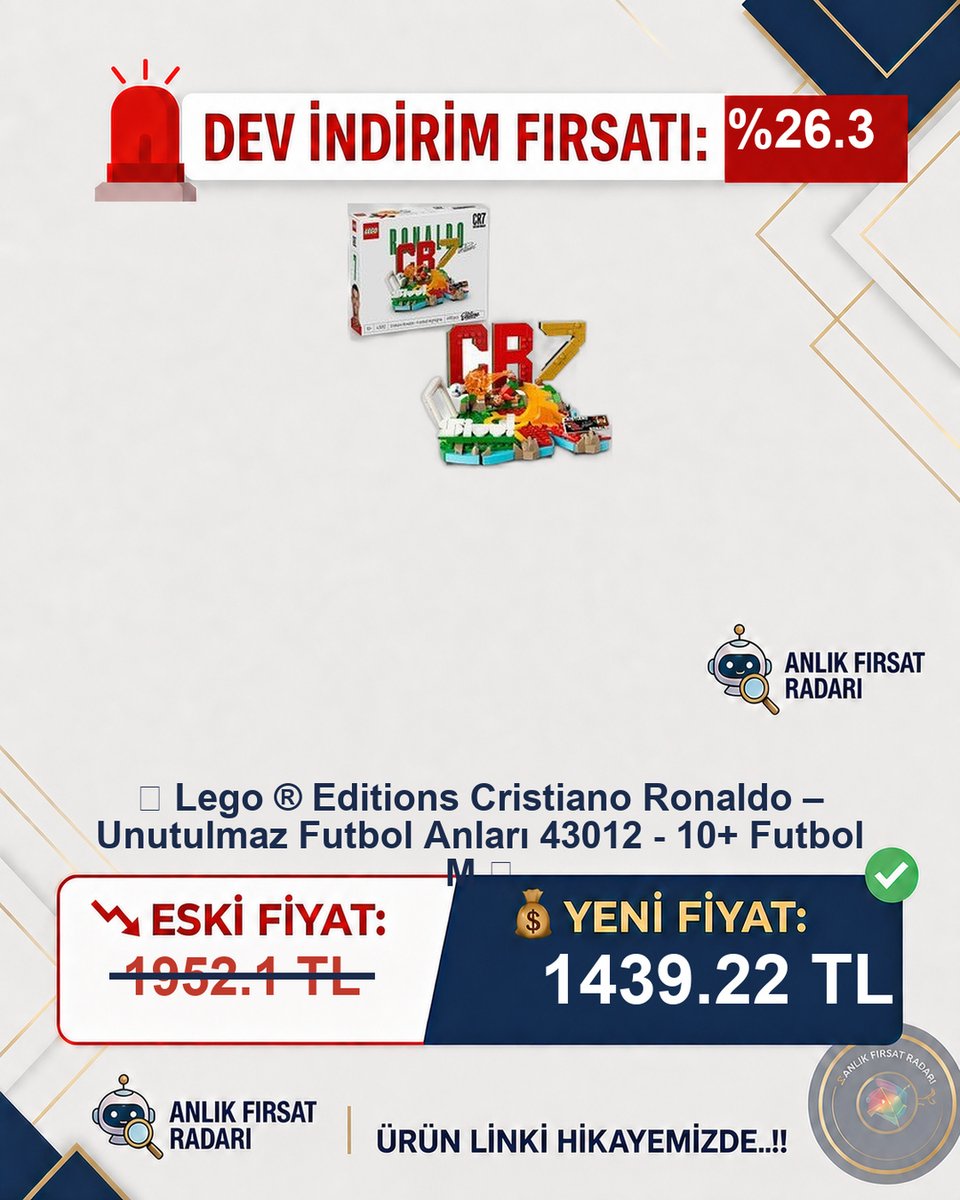 anfirsat's tweet photo. 🚨 %%26.3 DEV İNDİRİM!
📦 📦 Lego ® Editions Cristiano Ronaldo –
Unutulmaz Futbol Anlar...
📉 Eski: 1952.1 TL
💰 Yeni: 1439.22 TL
🔗 Fırsat Linki: https://t.co/p6JTwmDjbs
#Lego #CristianoRonaldo #Futbol https://t.co/E3jkKw7gkp