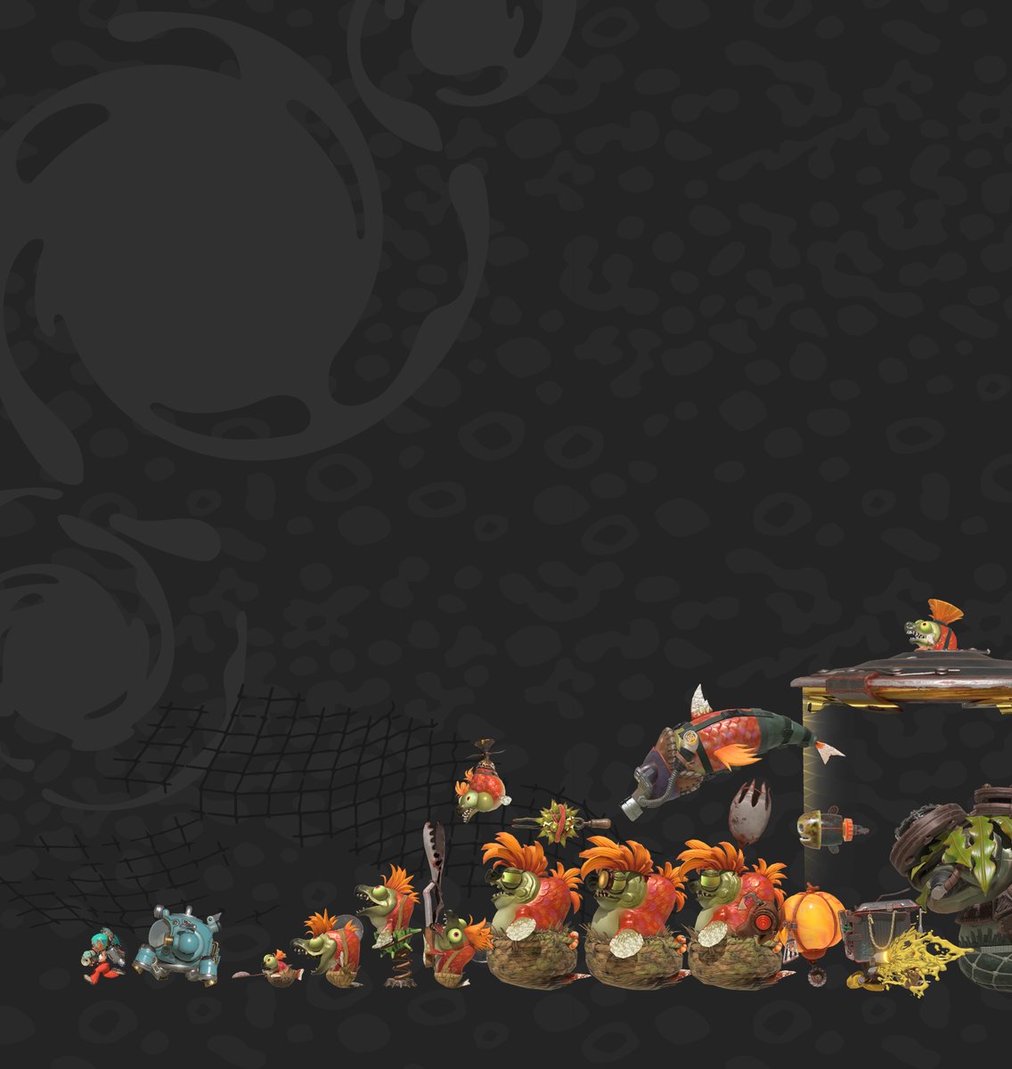 SplatoonJP's tweet photo. ウズシオ諸島では、さまざまなシャケたちの姿が確認されている。
みなさんも出会ったことがあるだろうか？
あらためて並べてみると、その大きさや特徴の違いがよくわかる。
彼らの文化や生態には、まだまだ謎が多いようだ。
＃スプラトゥーンレイダース https://t.co/TP8drGlhd8